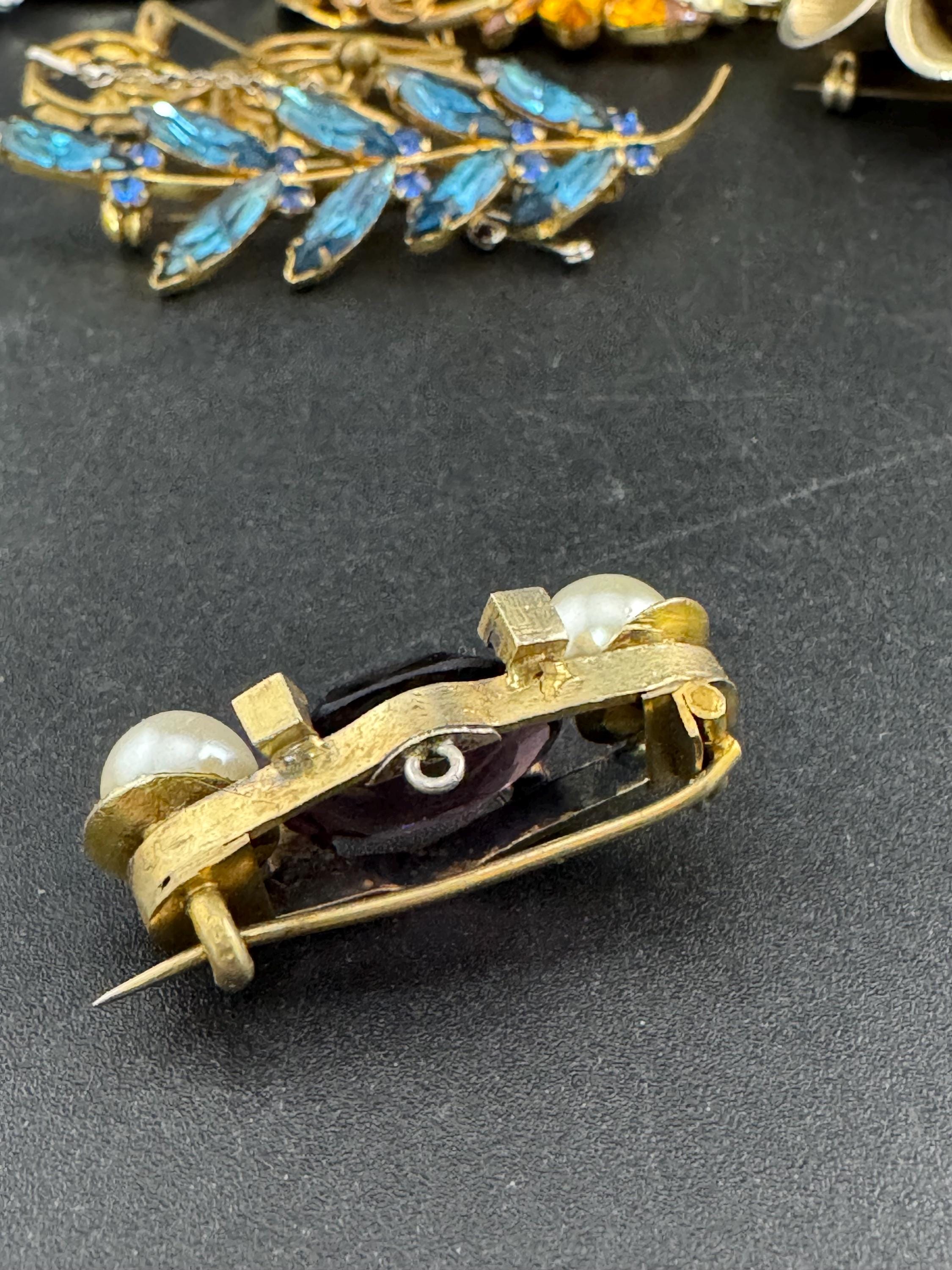 Antique amethyst purple glass and pearl brooch , as found