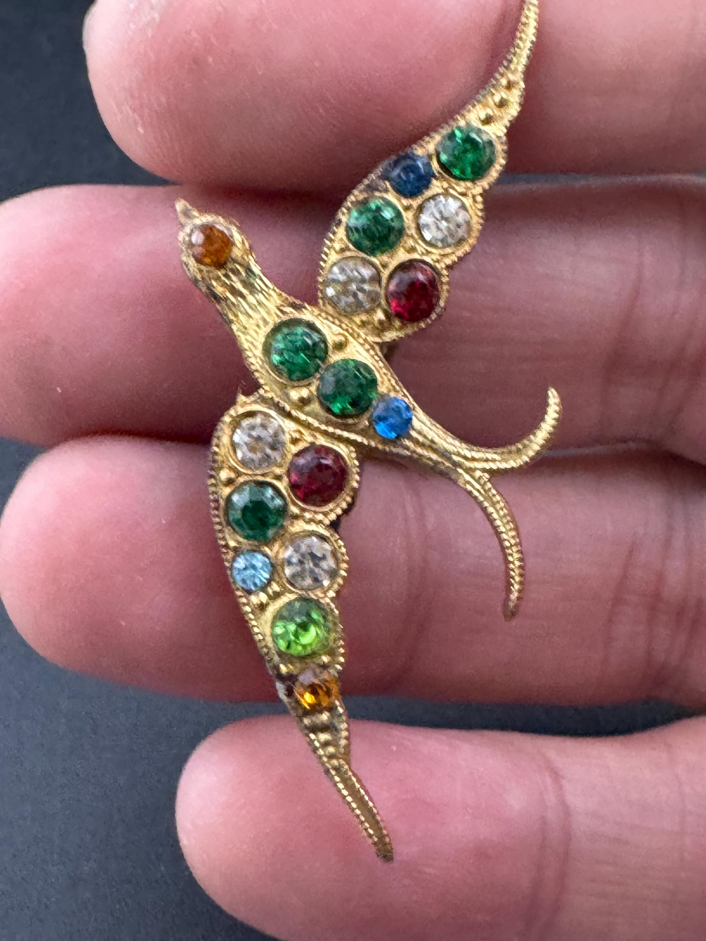 Antique vintage flying bird rhinestone gold brass metal bird brooch