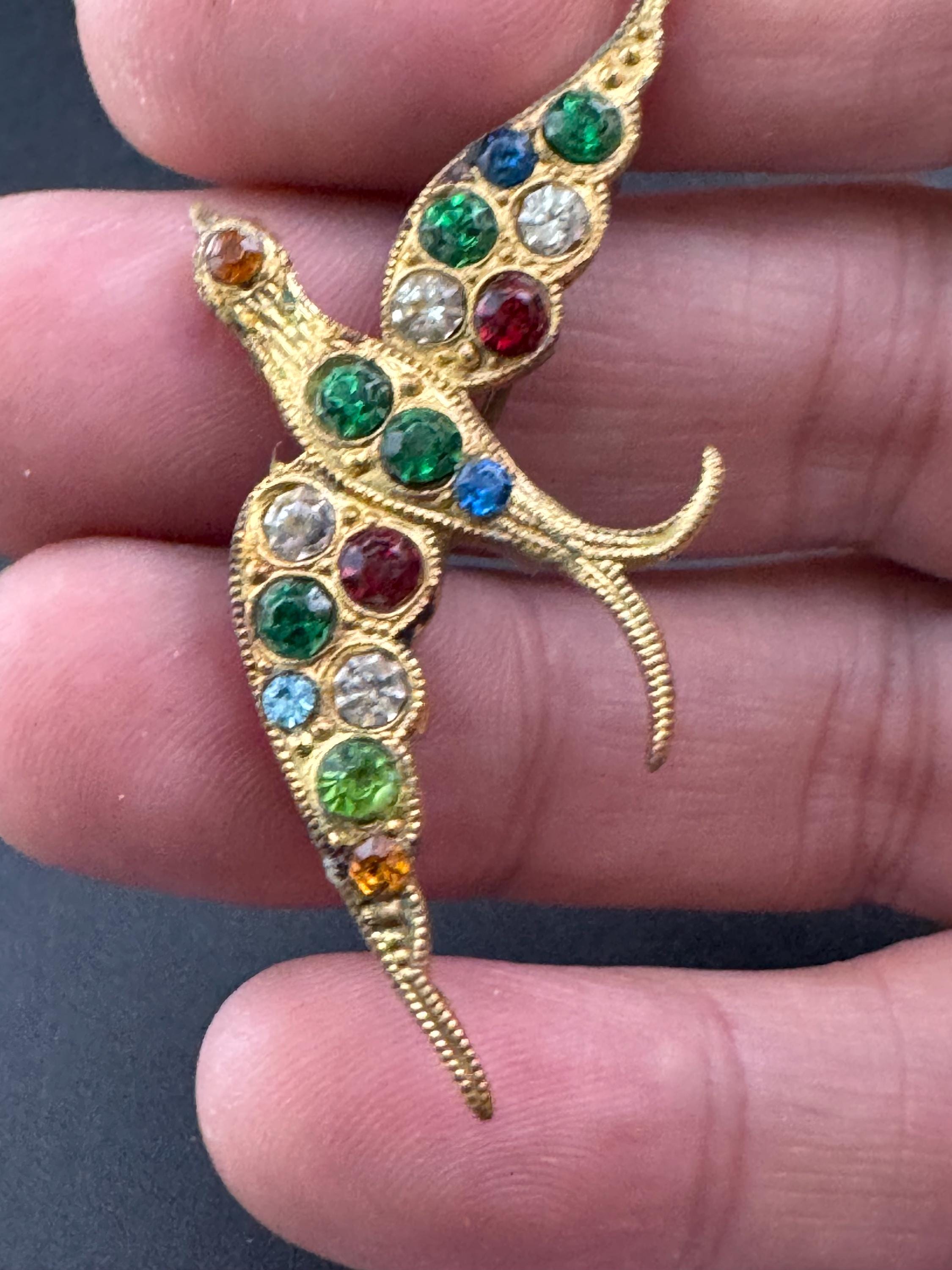 Antique vintage flying bird rhinestone gold brass metal bird brooch