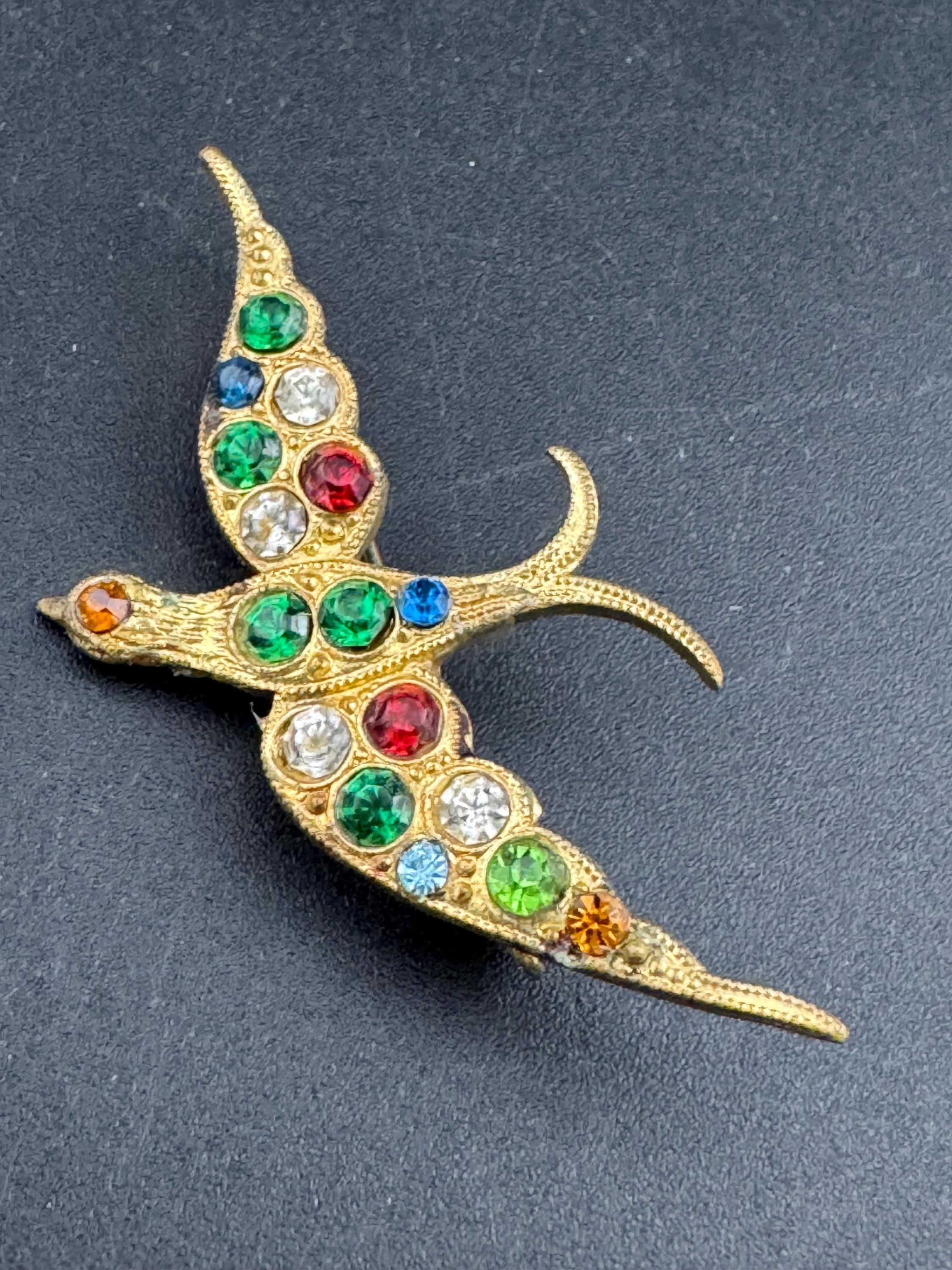 Antique vintage flying bird rhinestone gold brass metal bird brooch