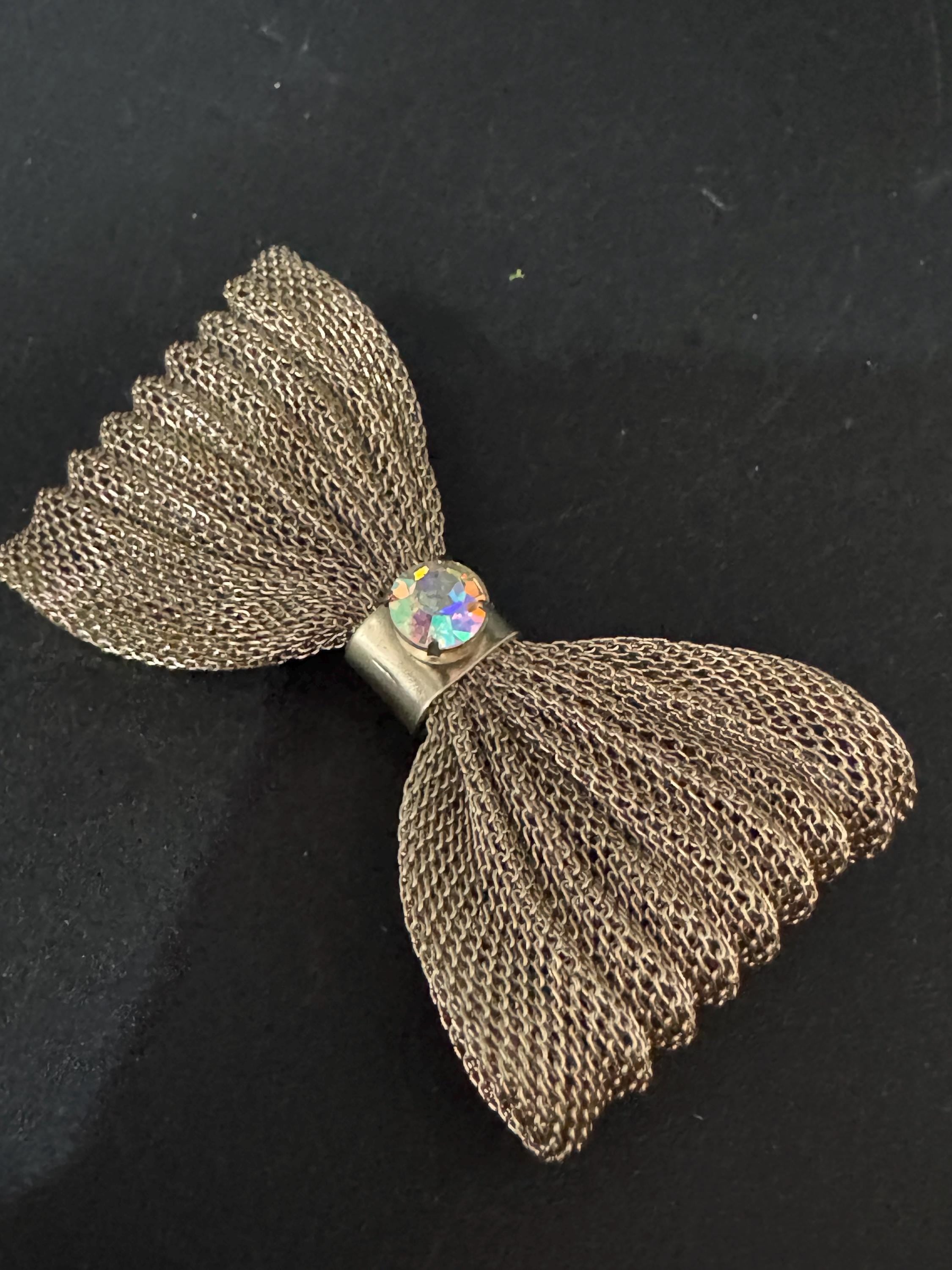 Large vintage AB diamanté mesh bow brooch MCM gold tone 6.5cm 1960s