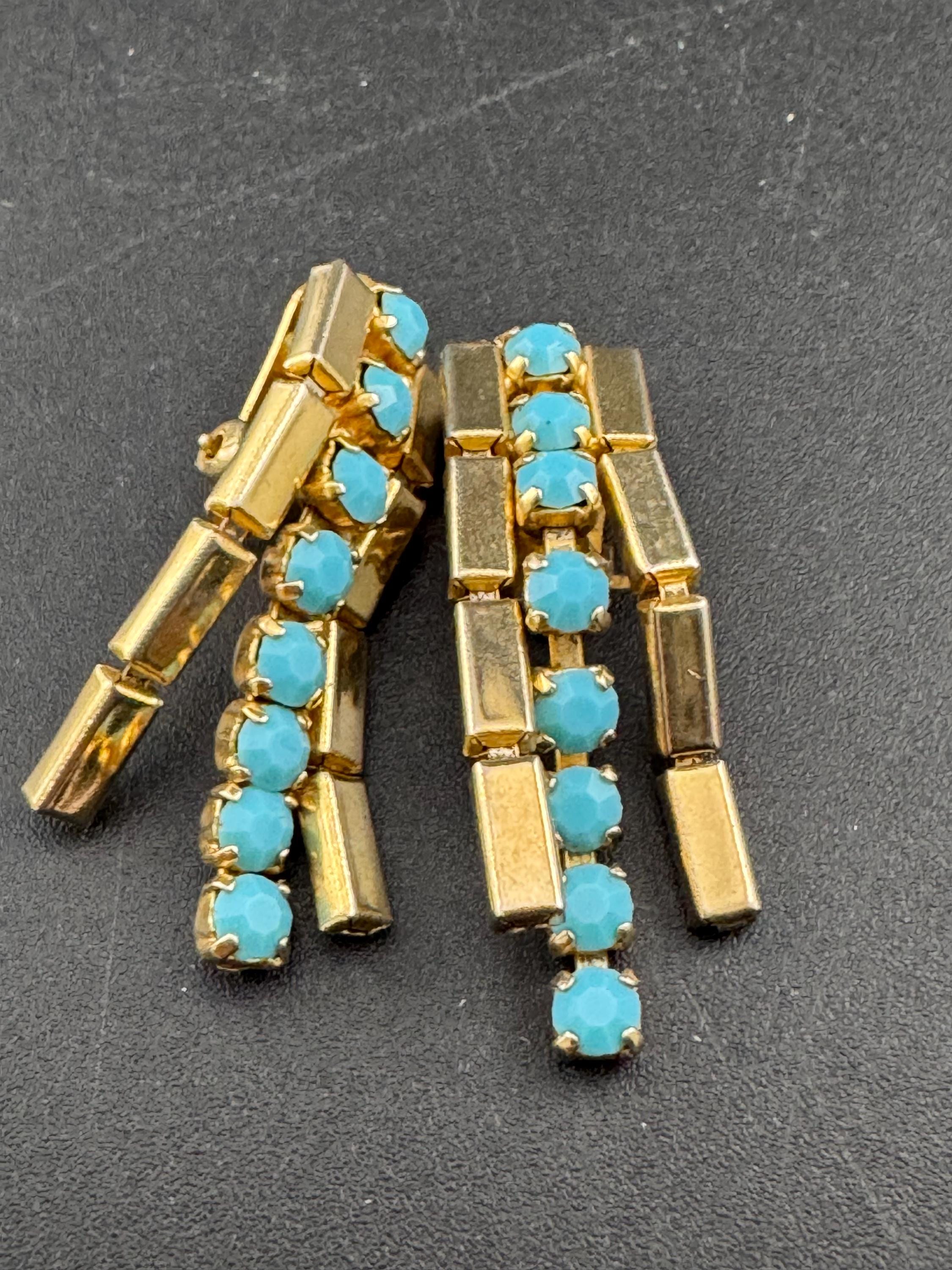 Vintage gold tone mesh Turquoise glass diamanté paste rhinestone clip on waterfall drop earrings