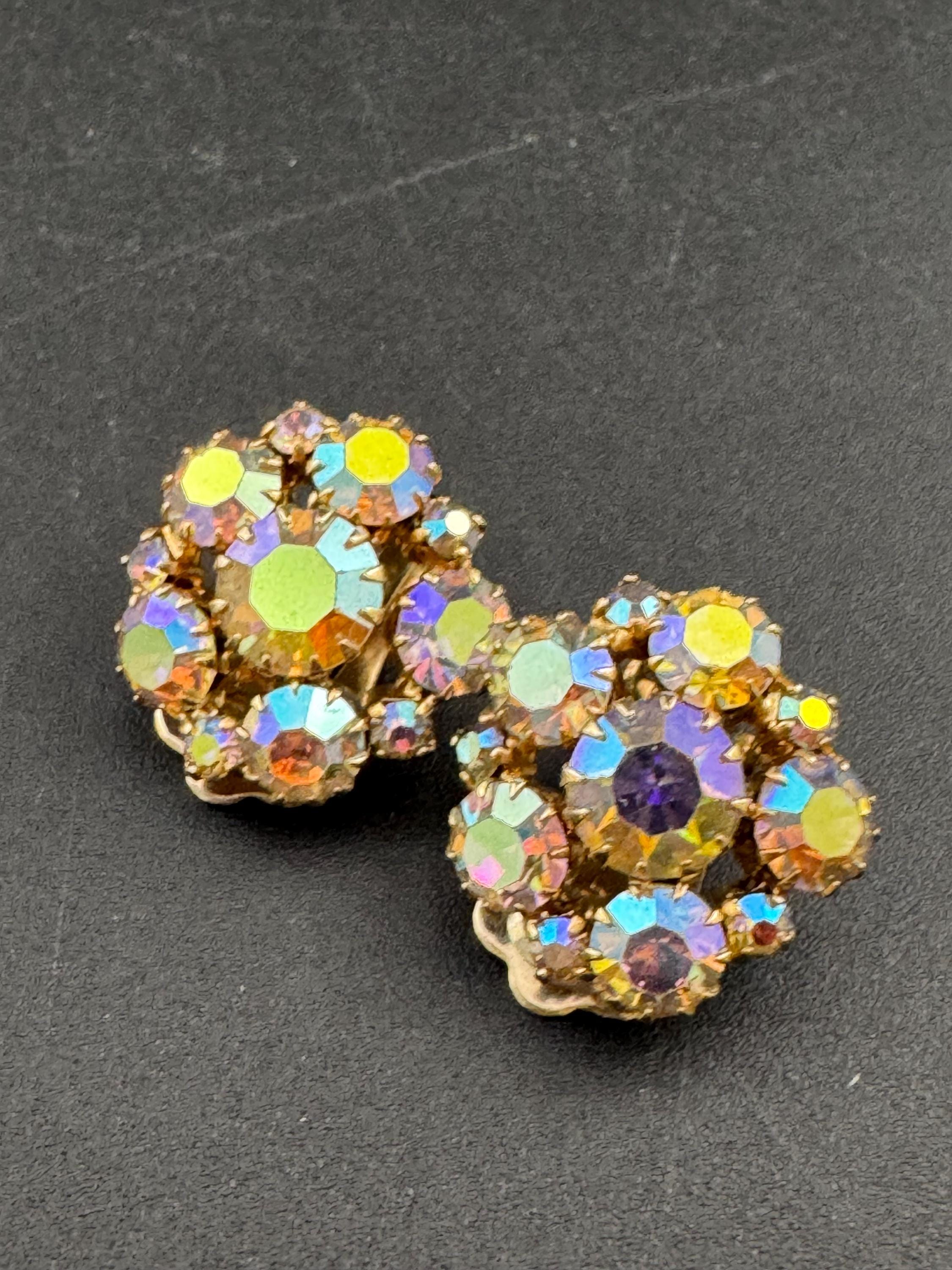 Signed continental sparkly vintage clear AB aurora borealis rhinestone  Clip on button dome earrings