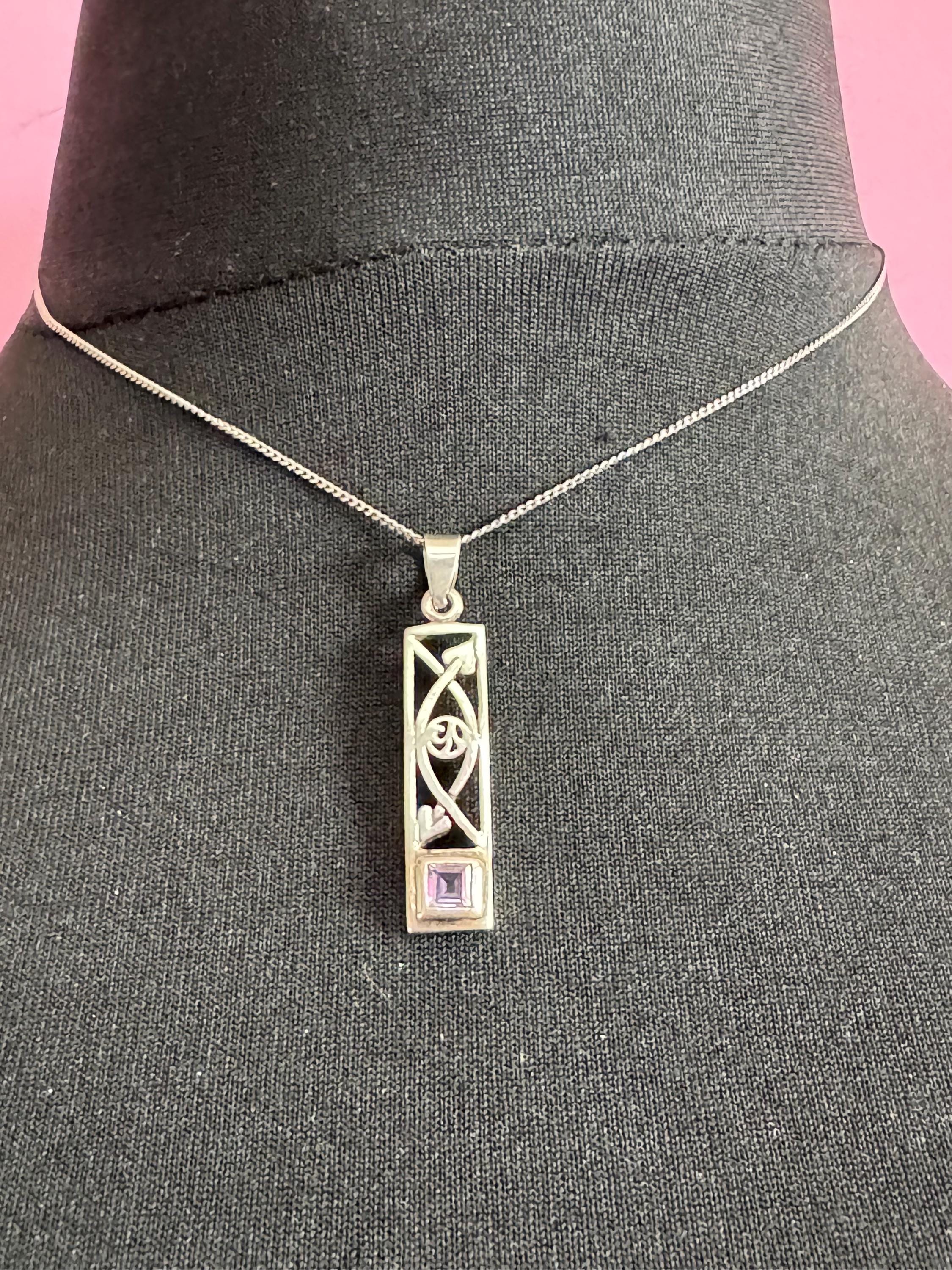 925 Silver and amethyst gem set pendant necklace Charles Rennie Mackintosh style, arts & crafts