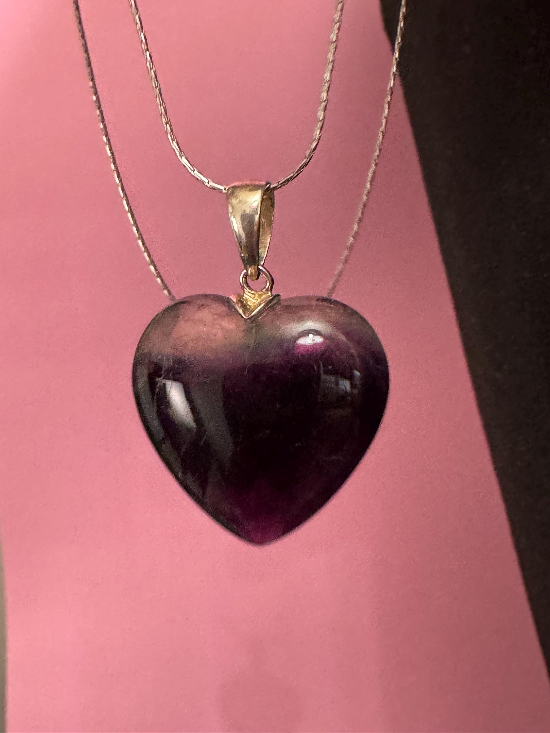 Purple amethyst chunky LOVE HEART gemstone pendant sterling 925 silver on 43cm fine chain