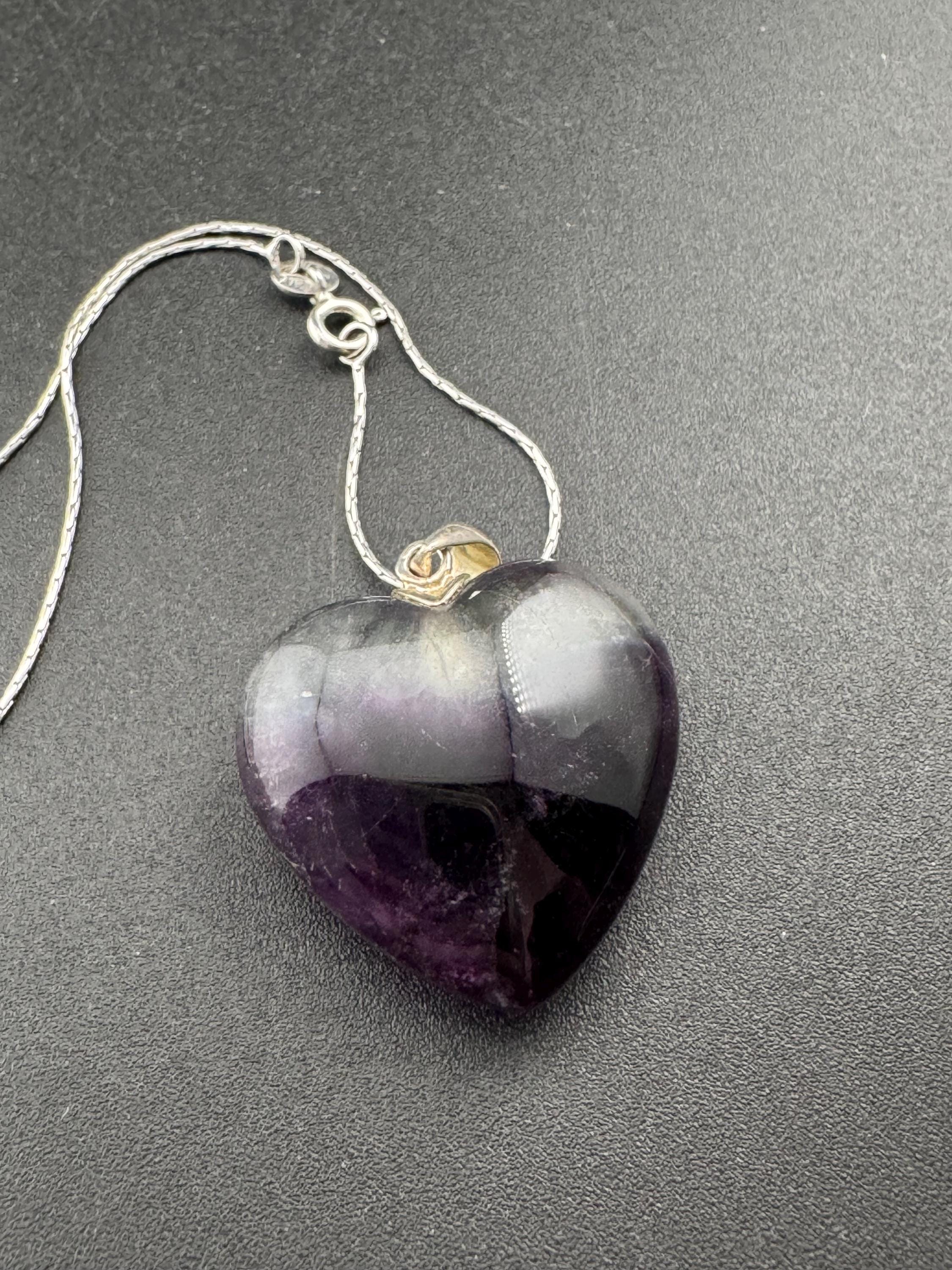 Purple amethyst chunky LOVE HEART gemstone pendant sterling 925 silver on 43cm fine chain