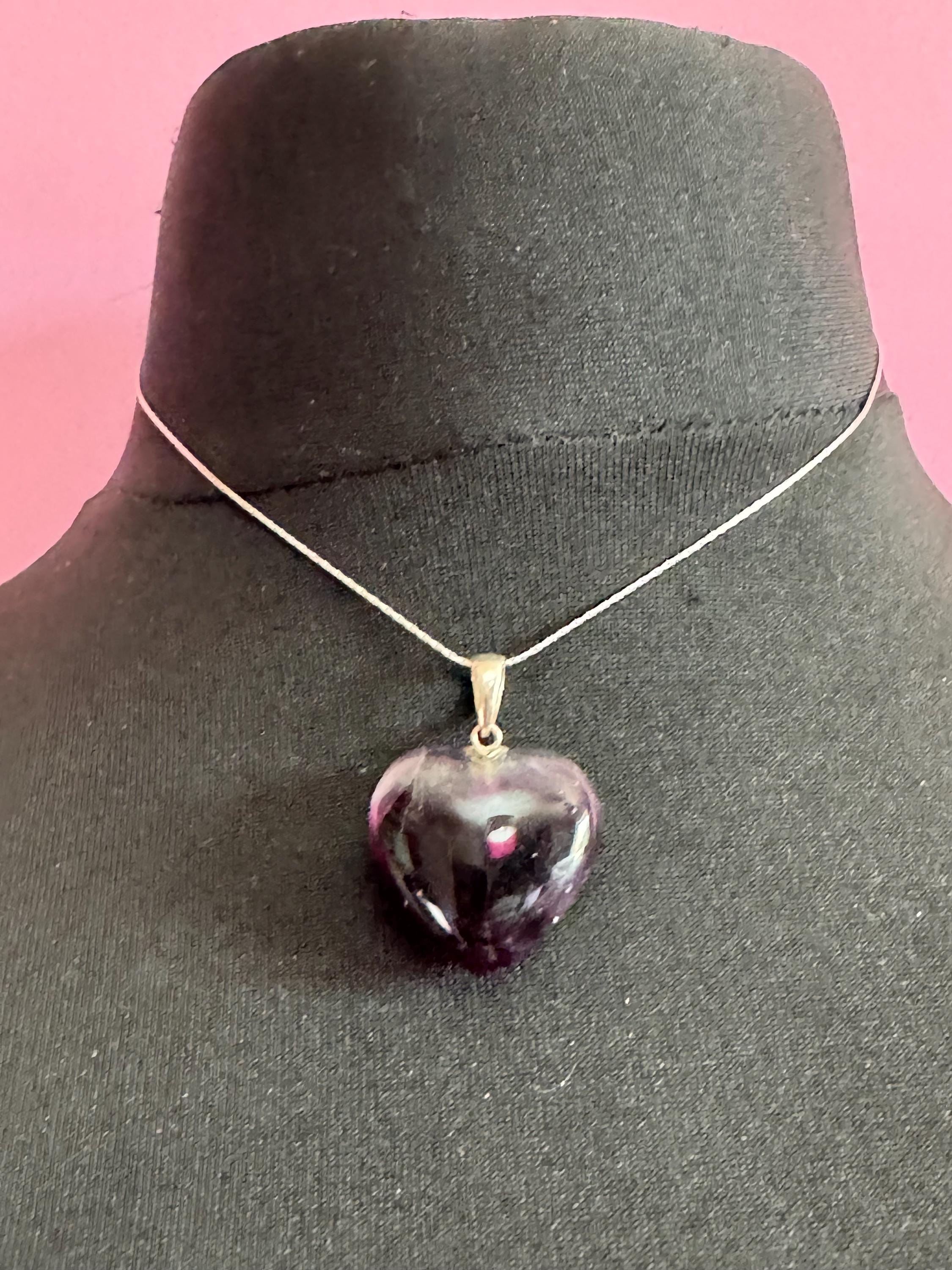 Purple amethyst chunky LOVE HEART gemstone pendant sterling 925 silver on 43cm fine chain
