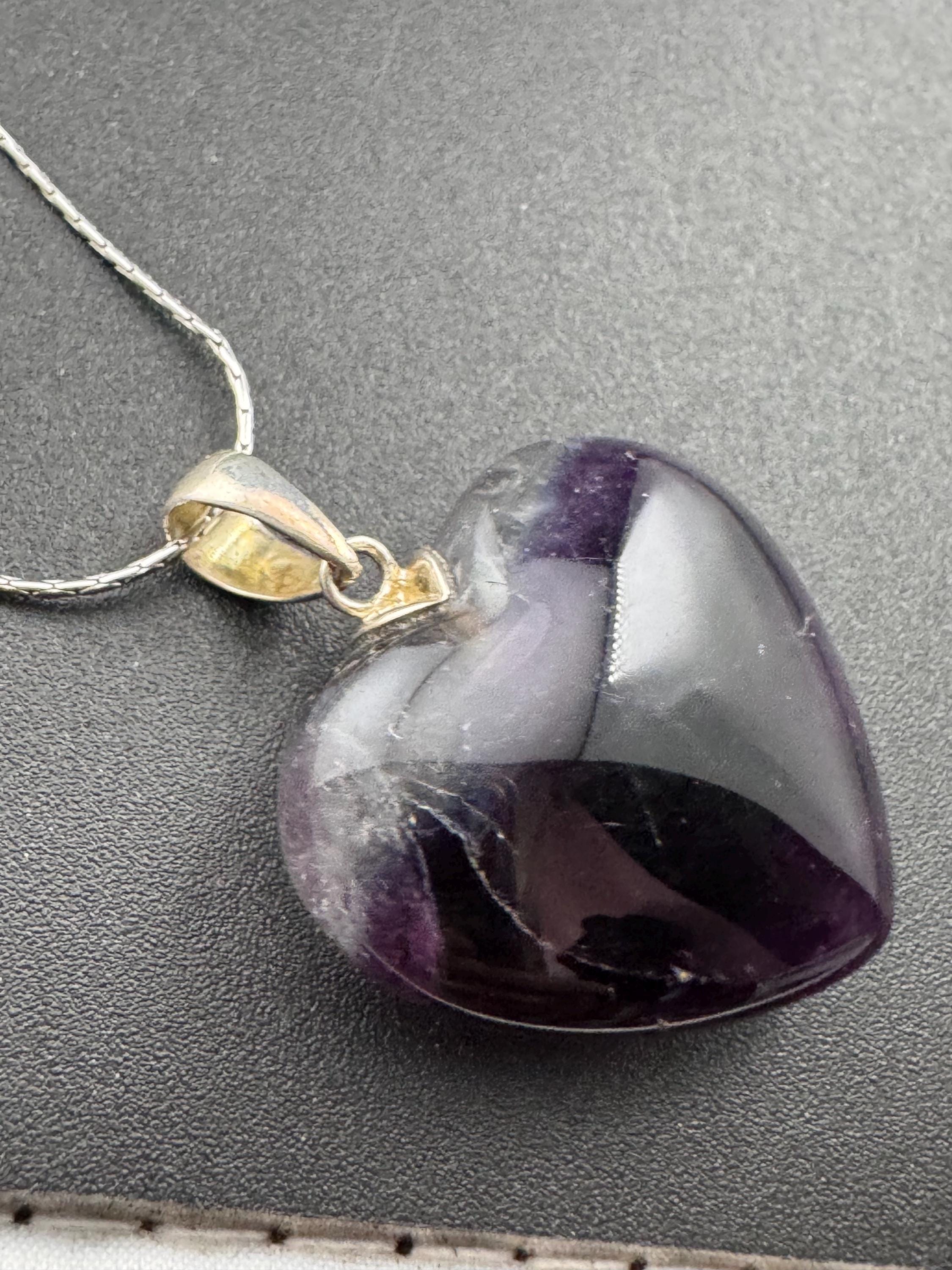 Purple amethyst chunky LOVE HEART gemstone pendant sterling 925 silver on 43cm fine chain