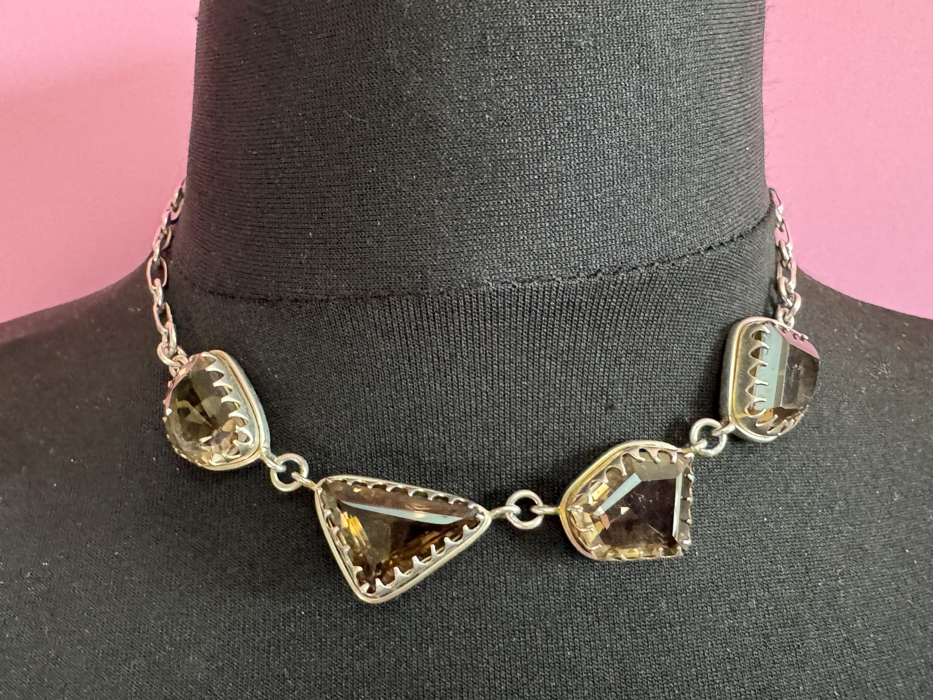vintage sterling silver 925 chunky brown natural smoky quartz gemstone chunky cabochon necklace 41cm