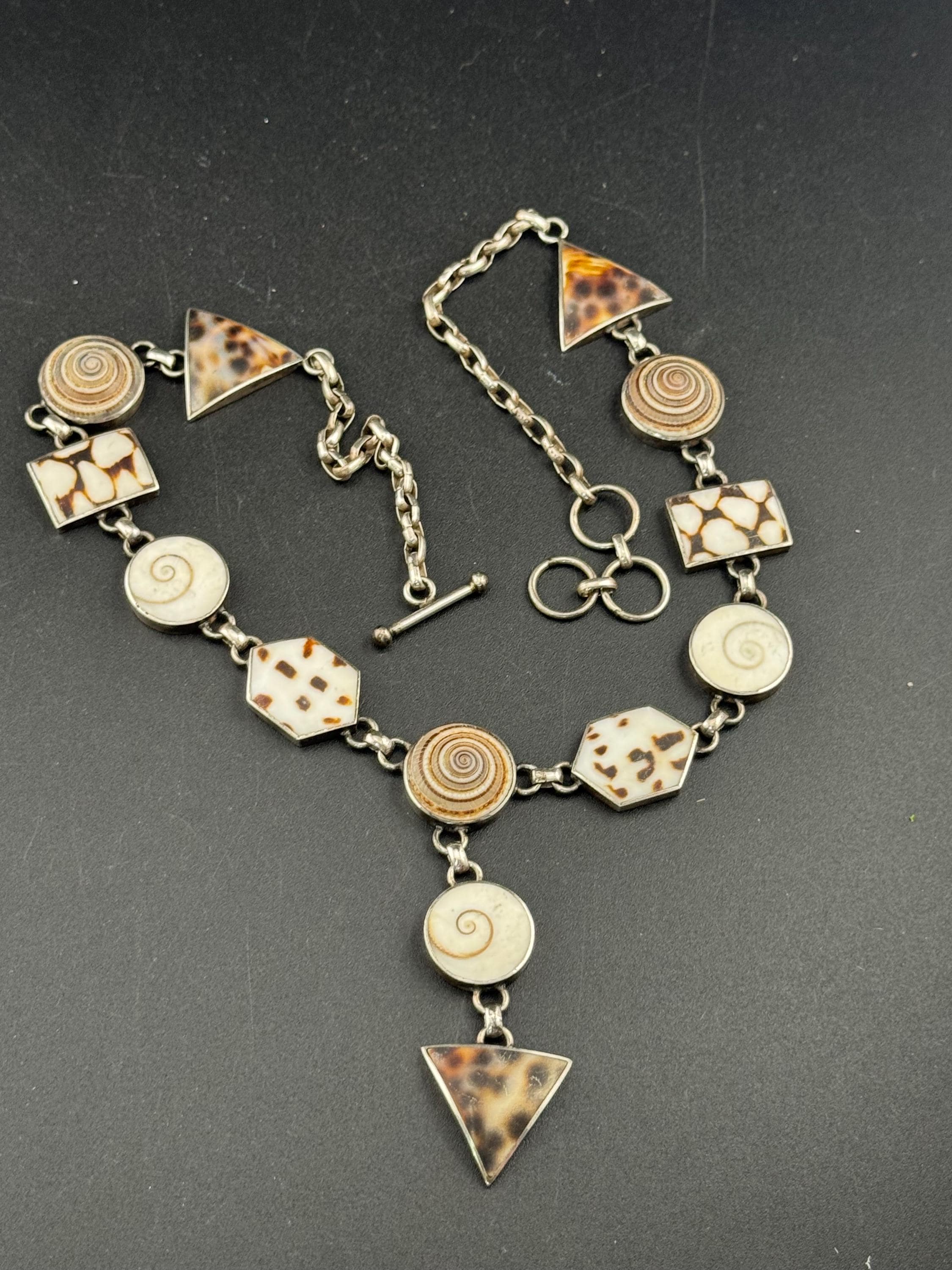 Fabulous 925 Sterling silver natural brown cream seashell bezel drop necklace, 51cm 52.7 grams