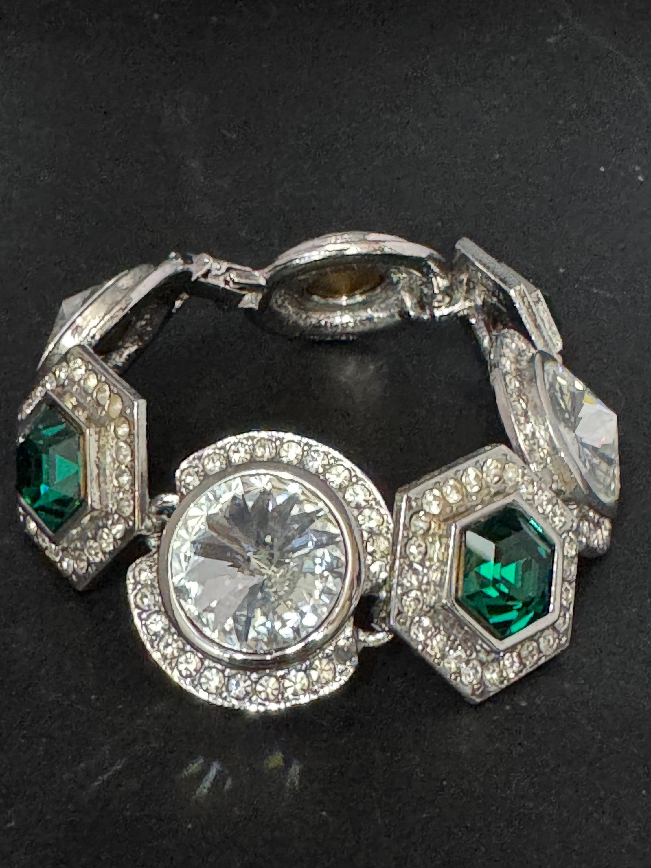 Vintage green and clear Swarovski rivoli Crystal statement Bracelet