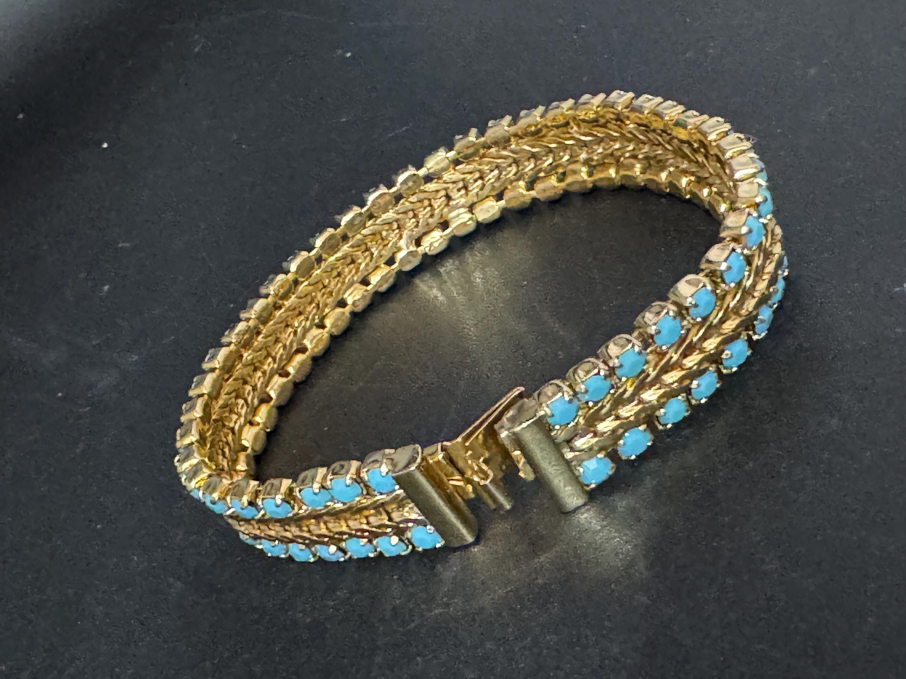 Vintage articulated flat link mesh gold tone bracelet with turquoise blue paste