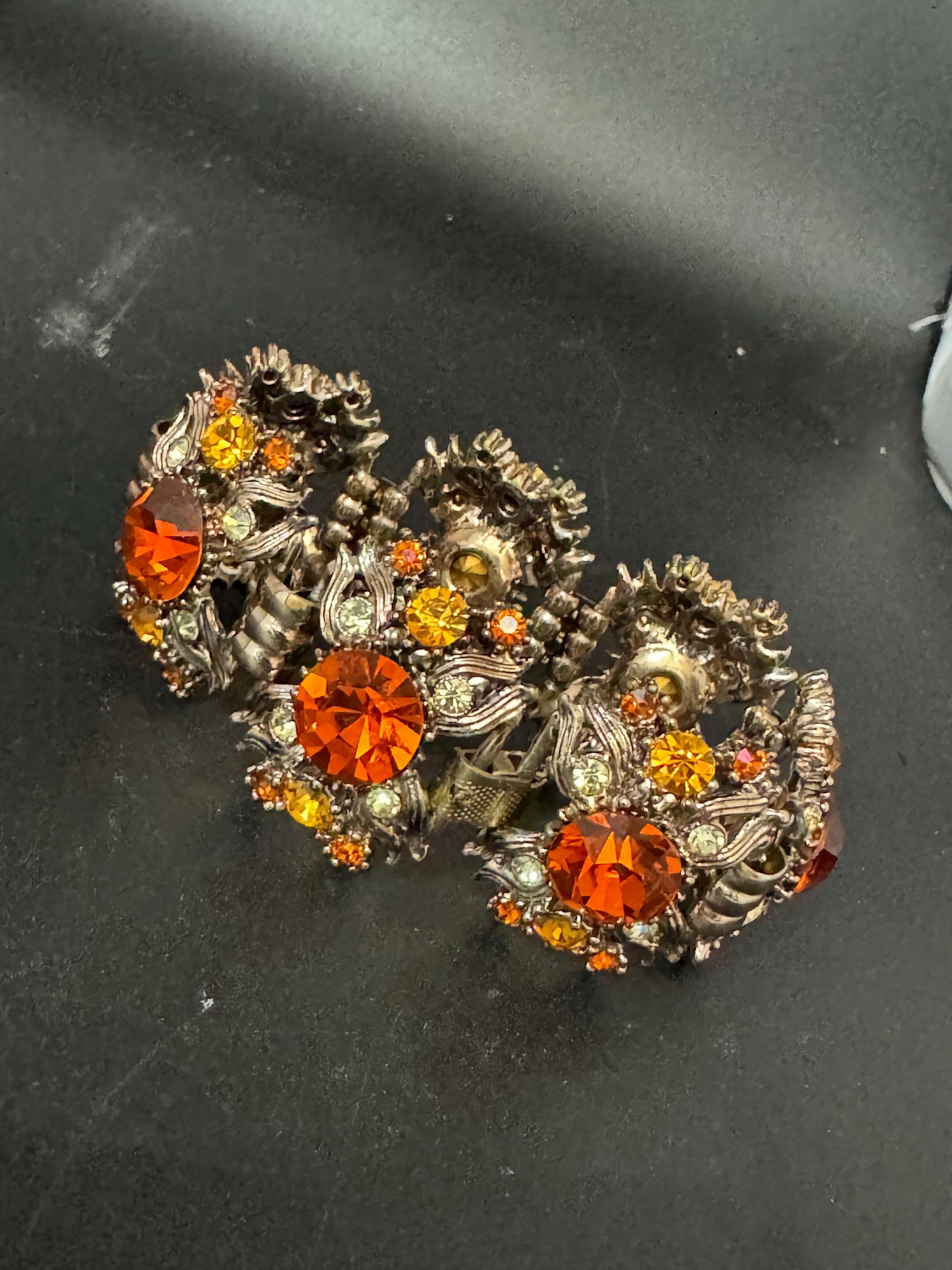 Vintage orange rhinestone Glass  Gold Tone cocktail bracelet, mid century