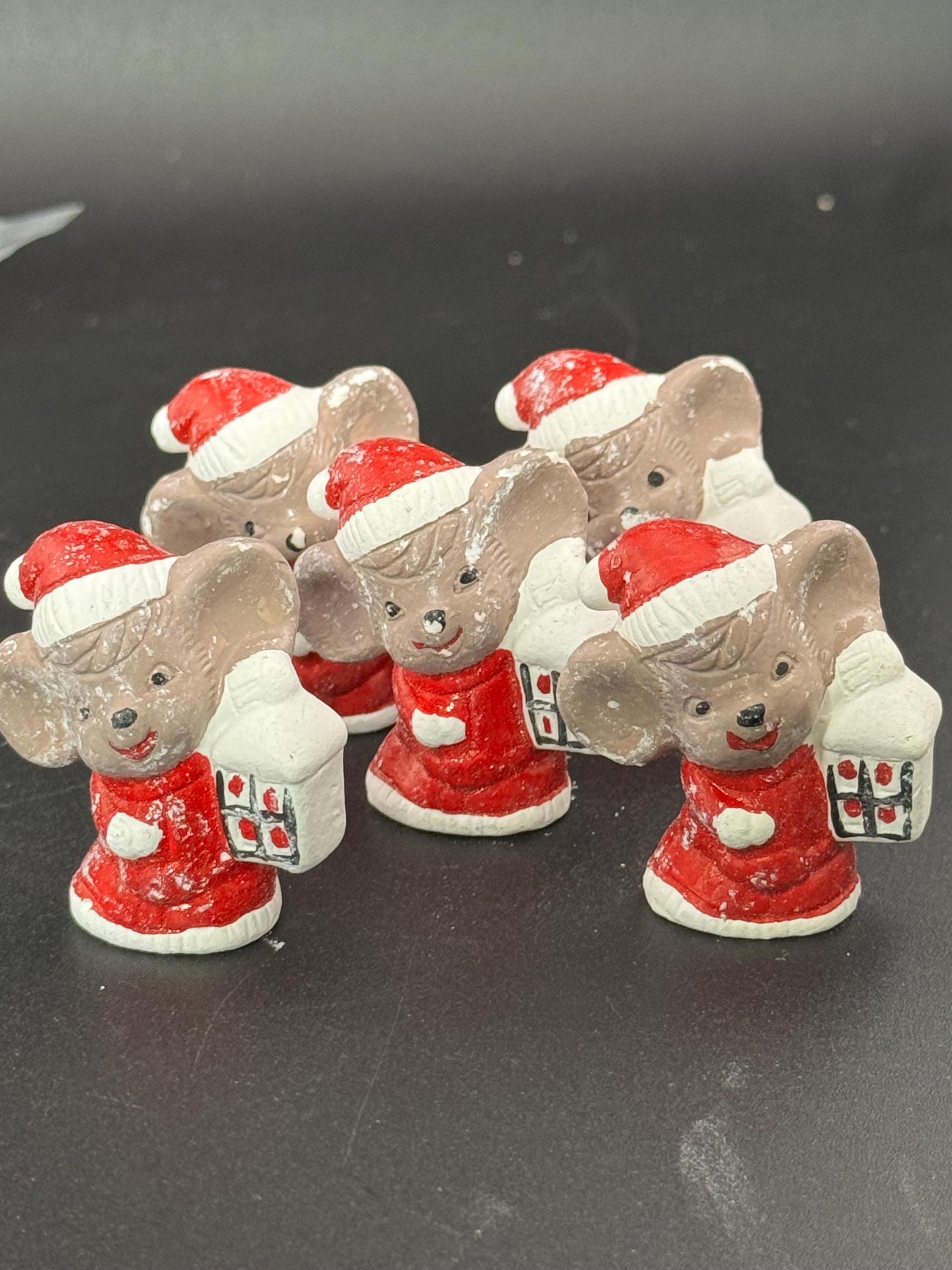 Vintage Christmas mouse with lantern Cake topper decoration, plaster chalk ware