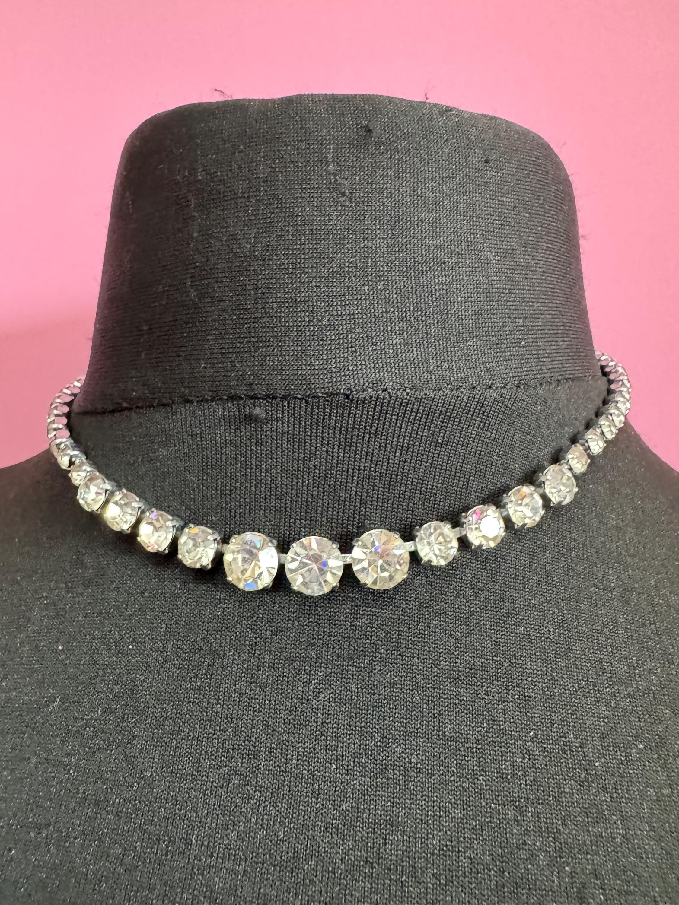42cm diamanté crystal choker necklace, clear glass rhinestones, vintage