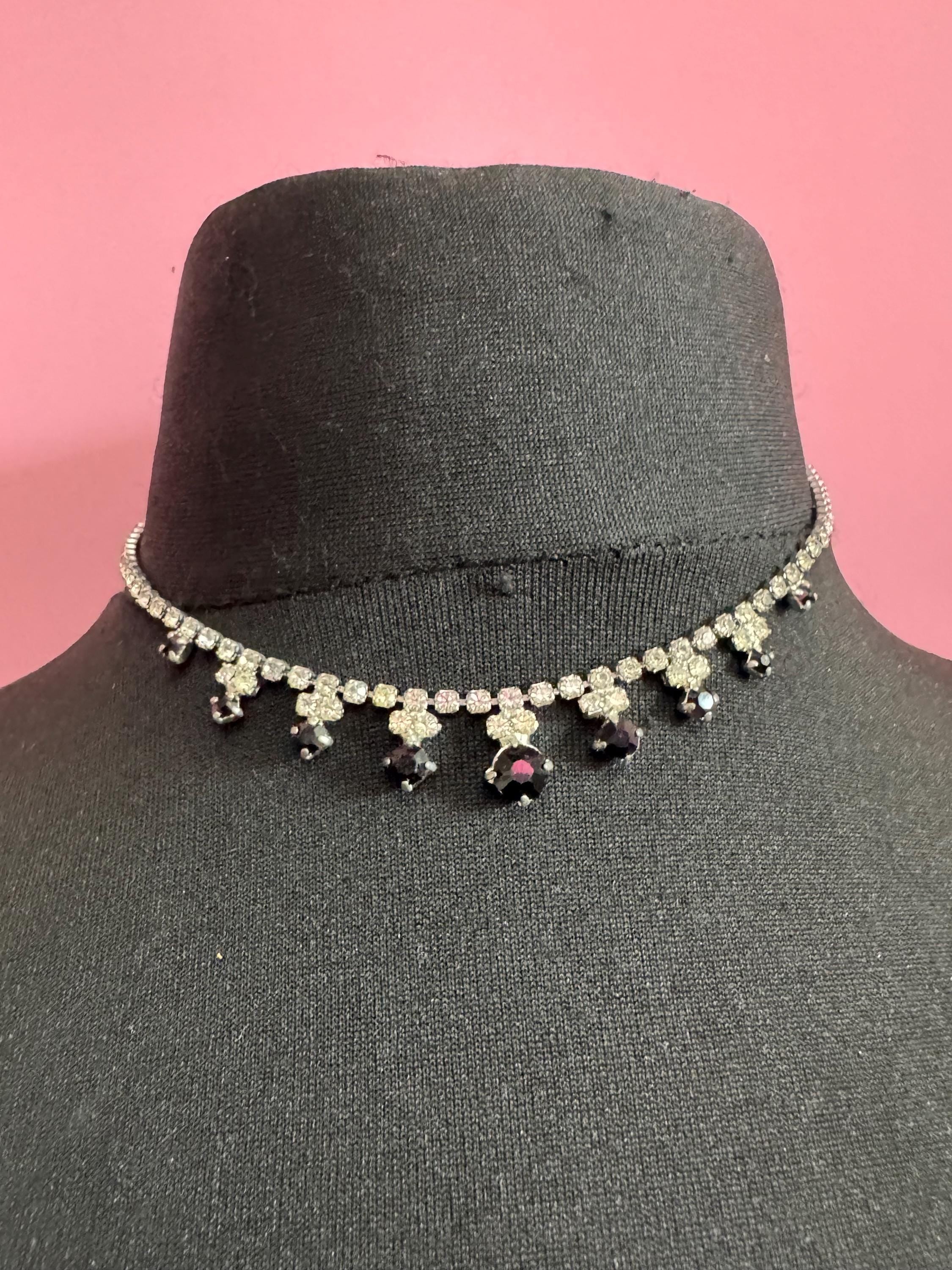 40cm diamanté crystal collar choker necklace, black and clear glass rhinestones, vintage