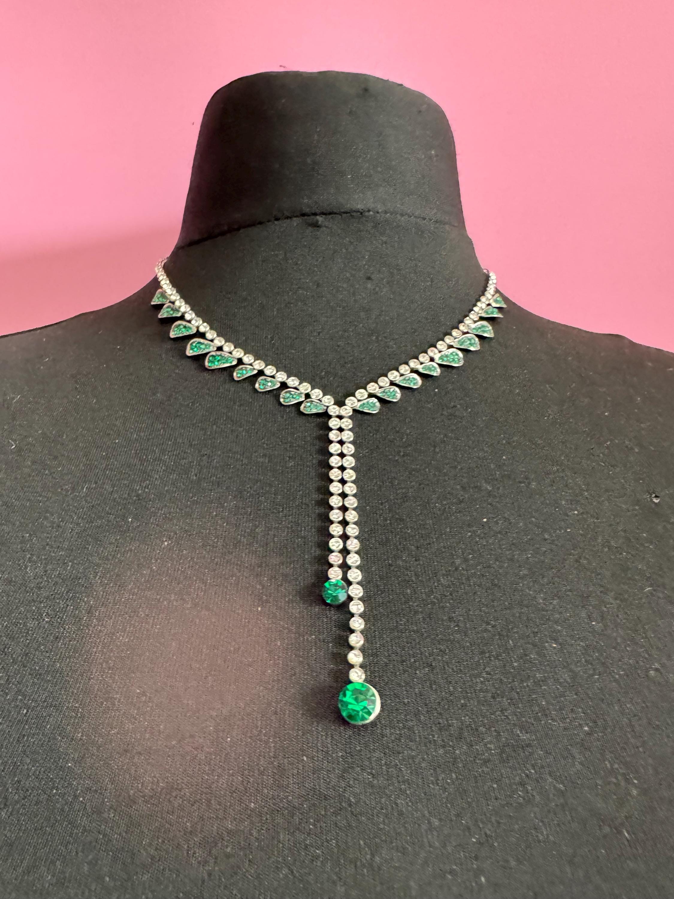 Emerald diamanté crystal drop necklace, glass rhinestones, retro