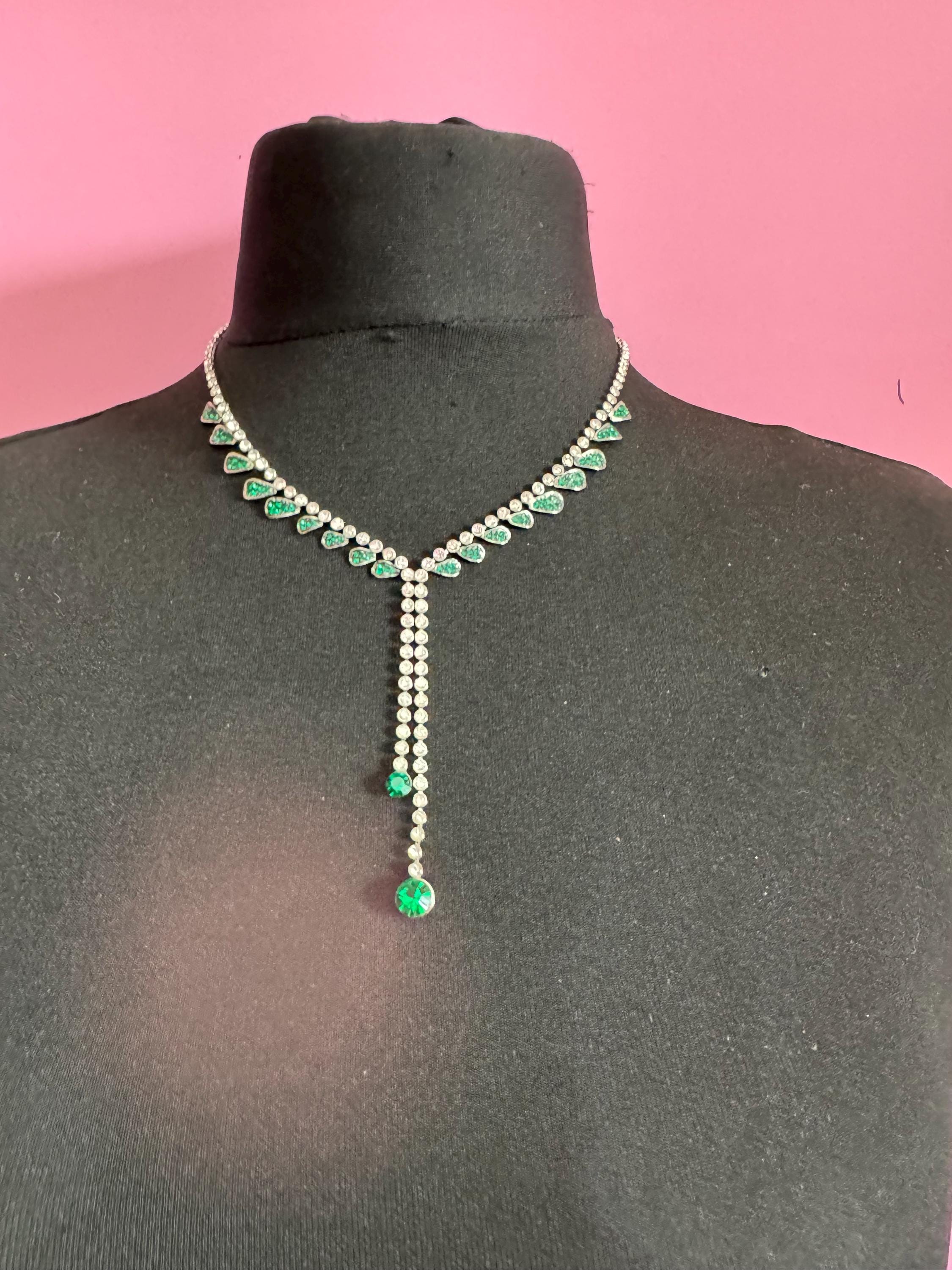 Emerald diamanté crystal drop necklace, glass rhinestones, retro
