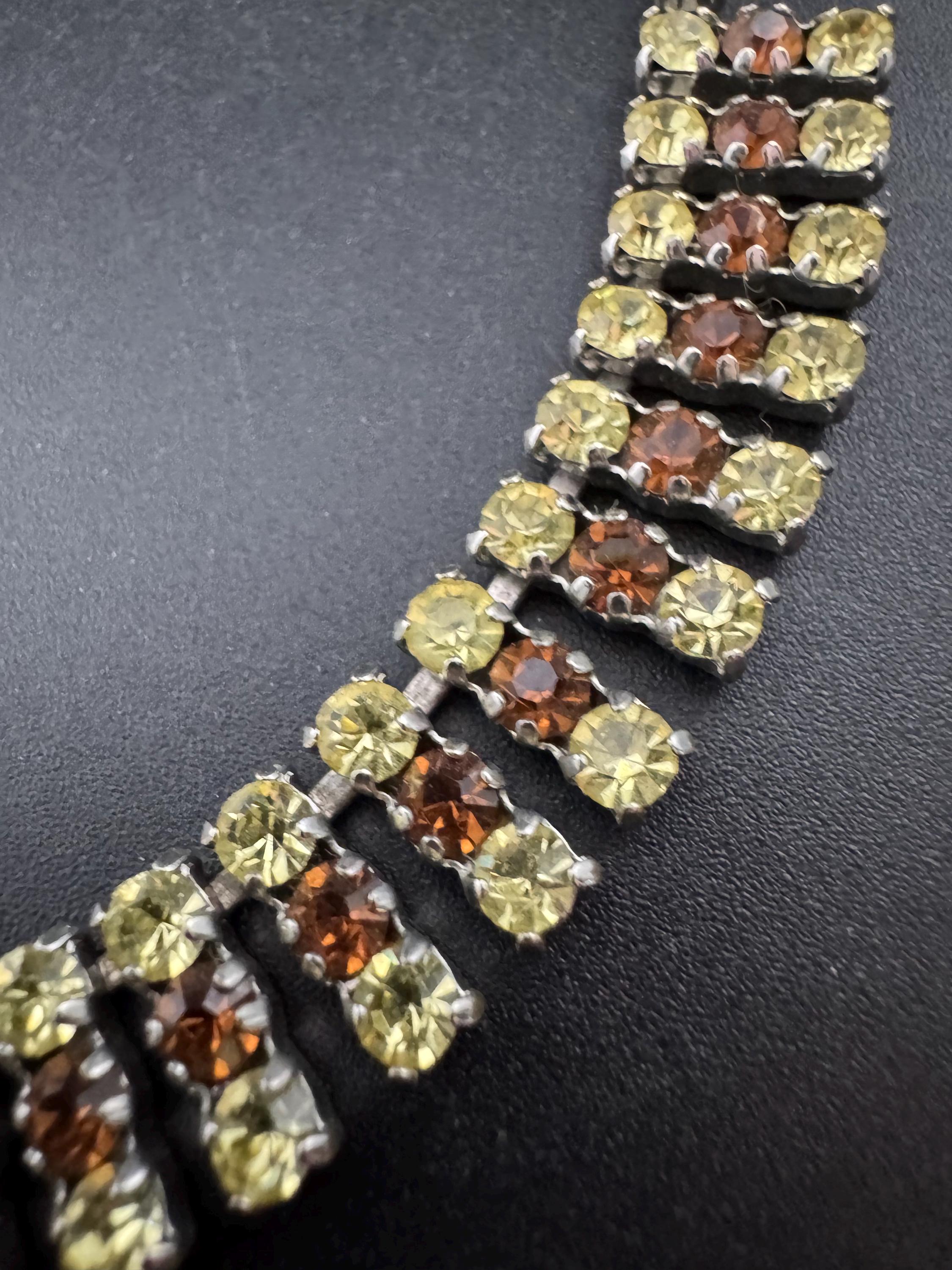 40cm diamanté crystal collar choker necklace, brown and yellow glass rhinestones, vintage