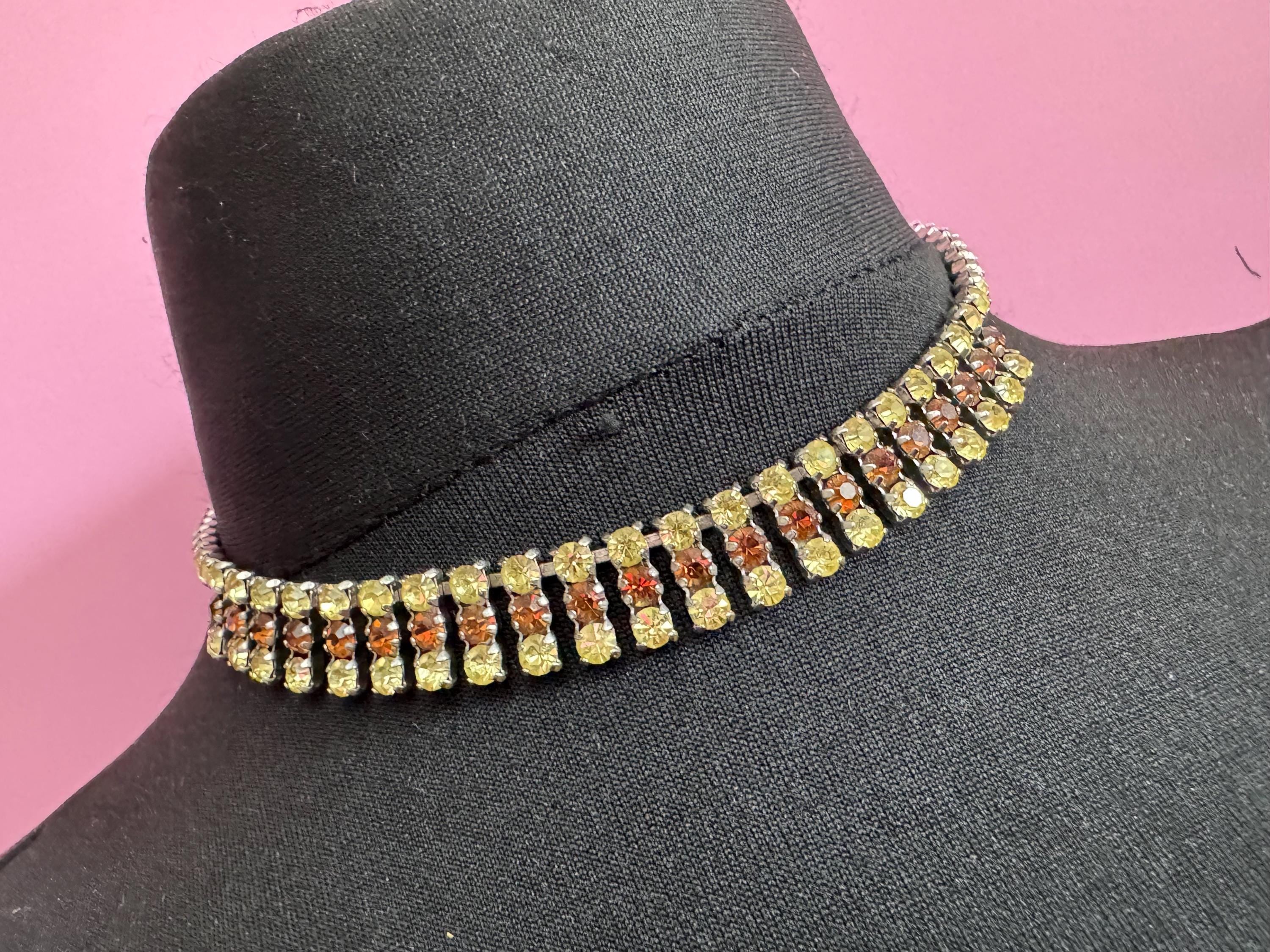 40cm diamanté crystal collar choker necklace, brown and yellow glass rhinestones, vintage