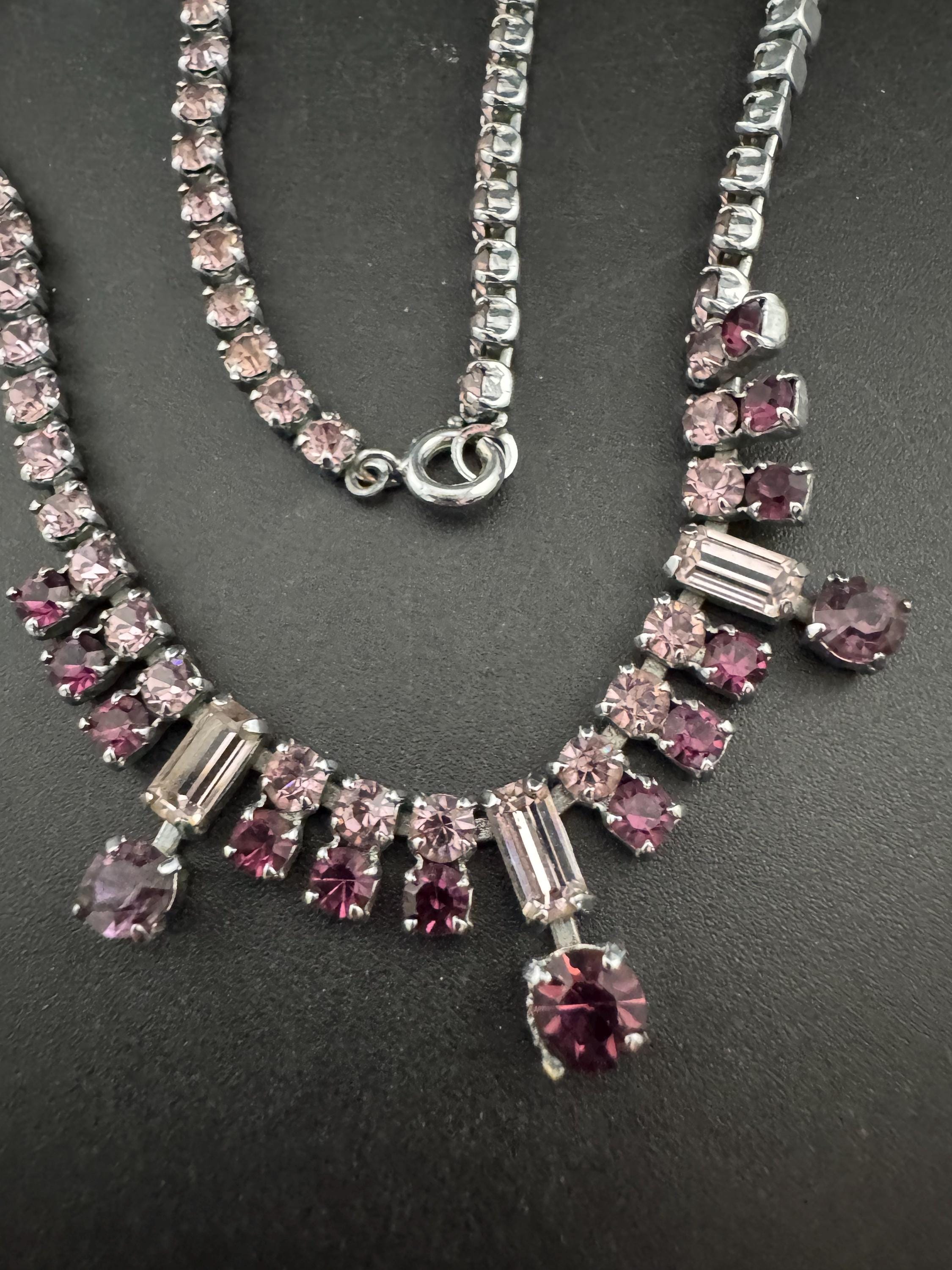 petite fit girls 35.5cm purple pink diamanté crystal drop necklace, glass rhinestones, vintage