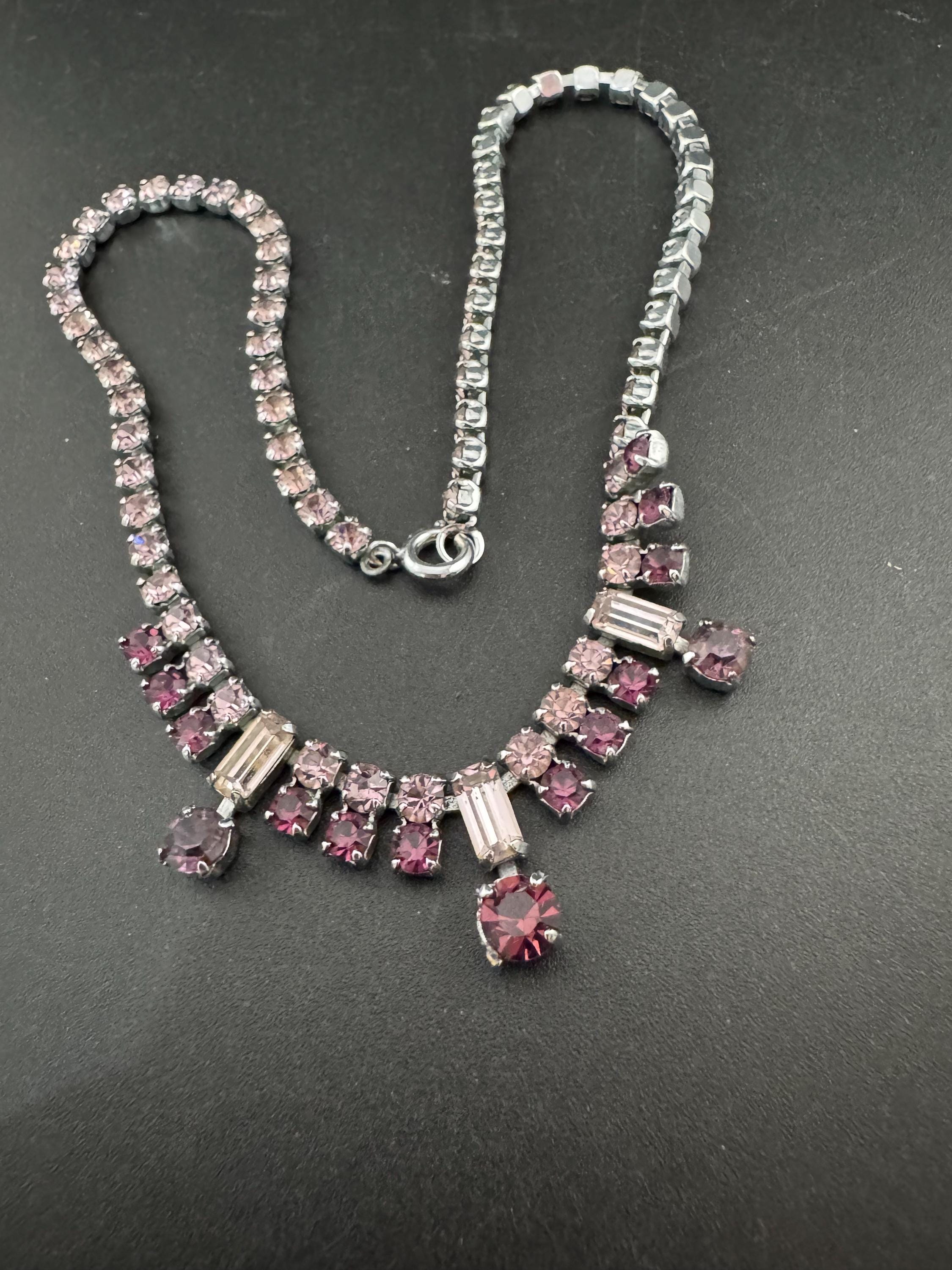 petite fit girls 35.5cm purple pink diamanté crystal drop necklace, glass rhinestones, vintage