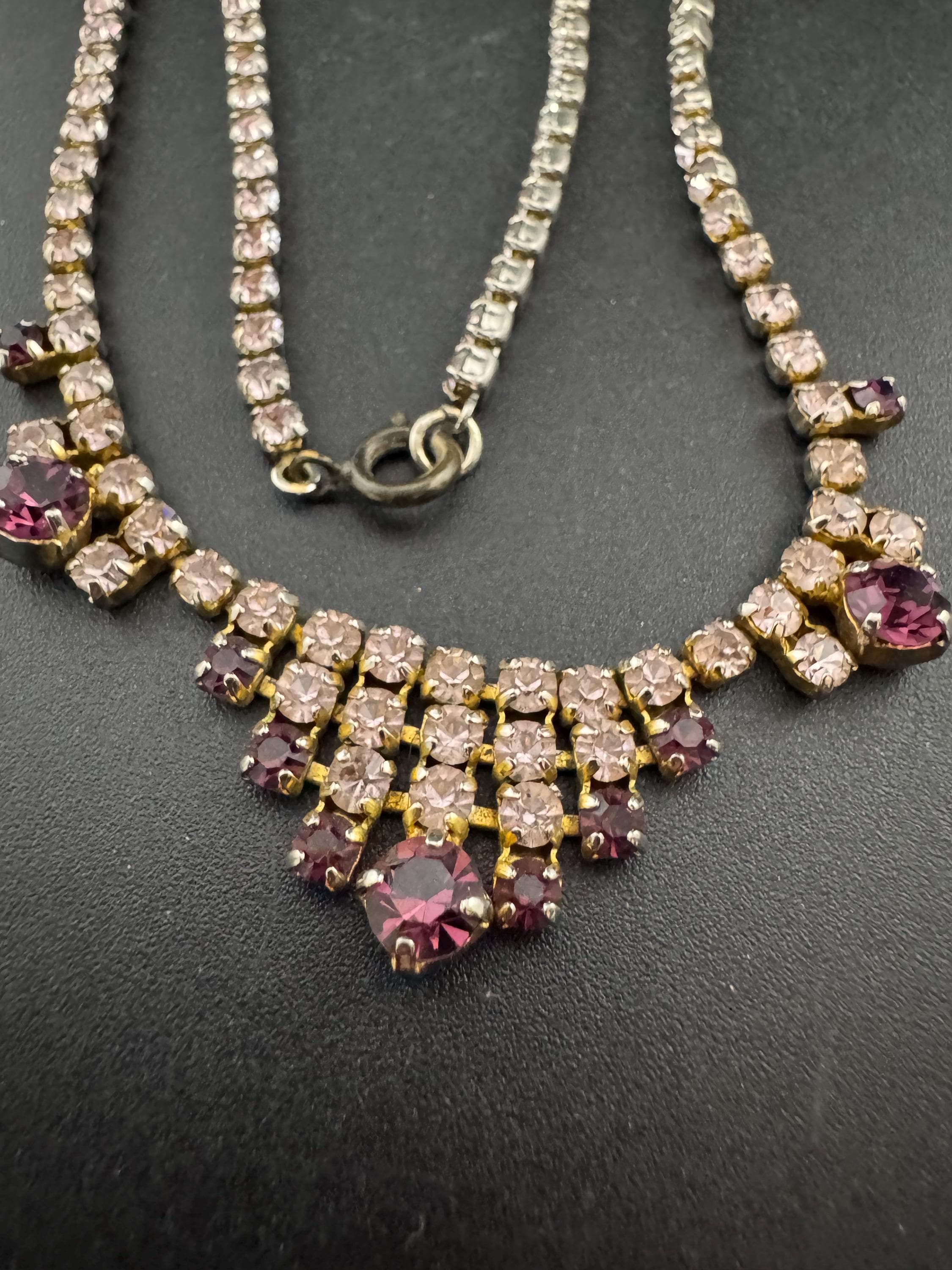 petite fit 39.5cm purple pink diamanté crystal drop necklace, glass rhinestones, vintage