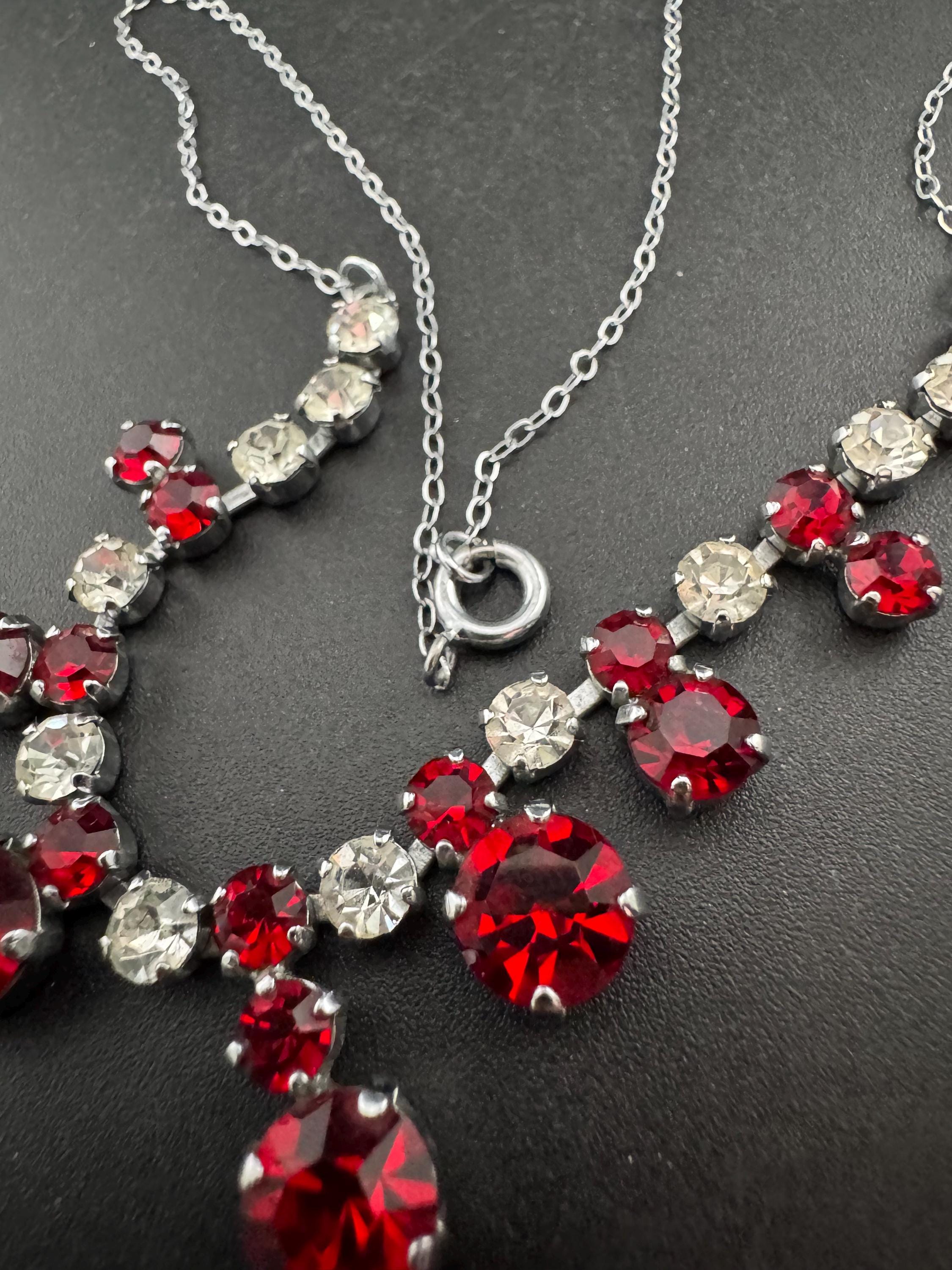 42cm Ruby red diamanté crystal drop necklace, fine chain, glass rhinestones, vintage