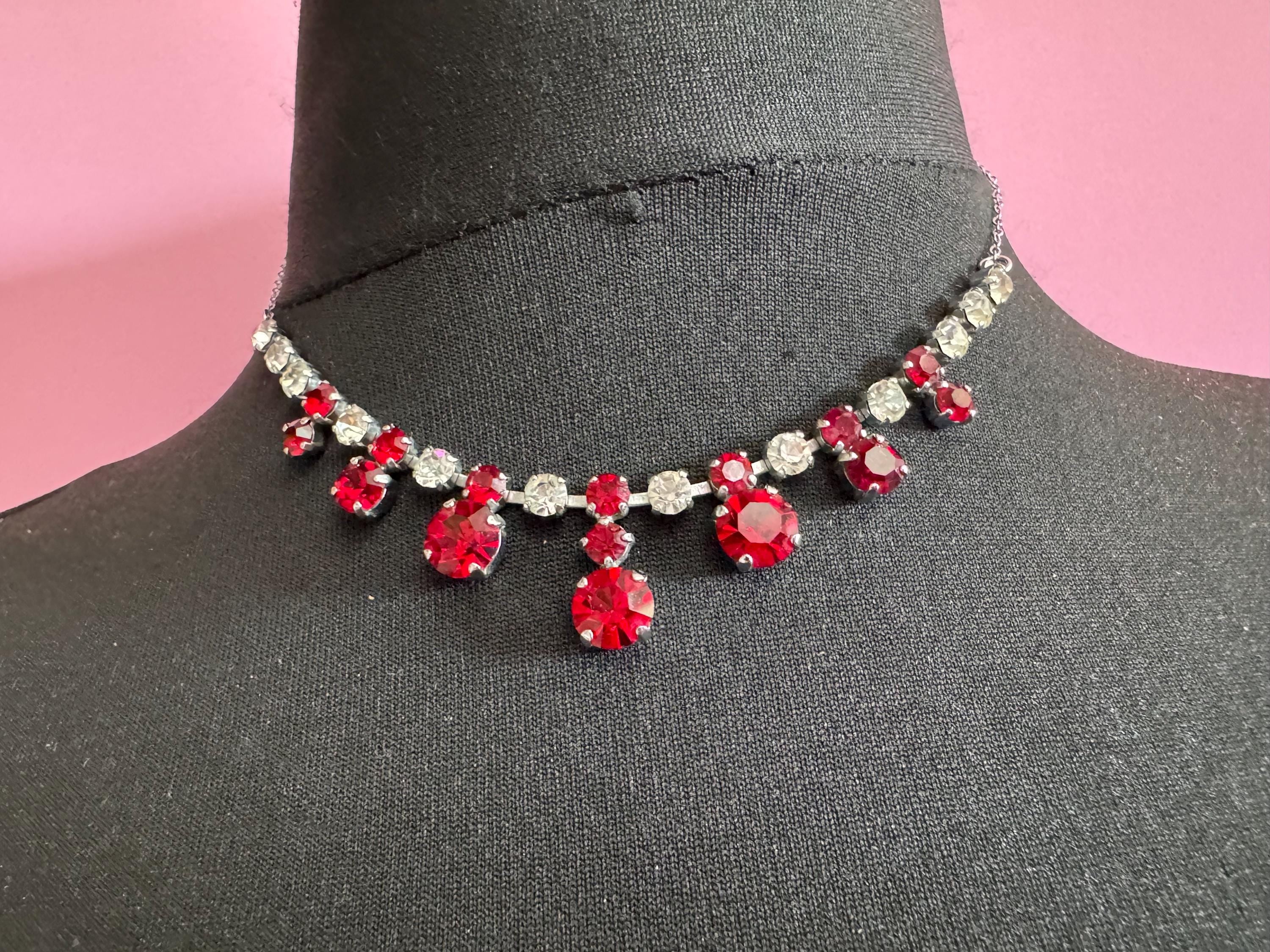 42cm Ruby red diamanté crystal drop necklace, fine chain, glass rhinestones, vintage