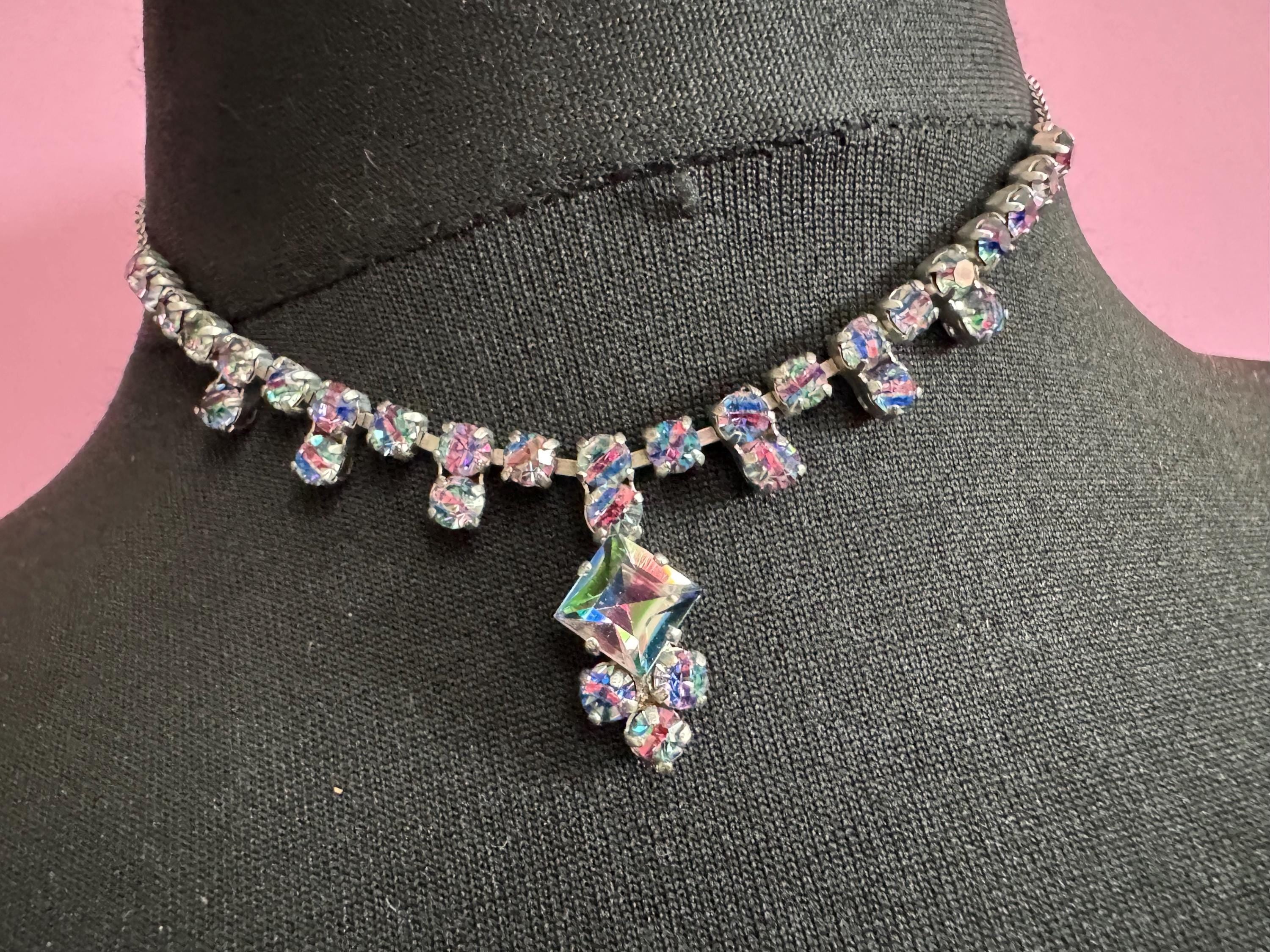 40cm coloured iris glass diamanté crystal drop necklace, rainbow rhinestones, vintage