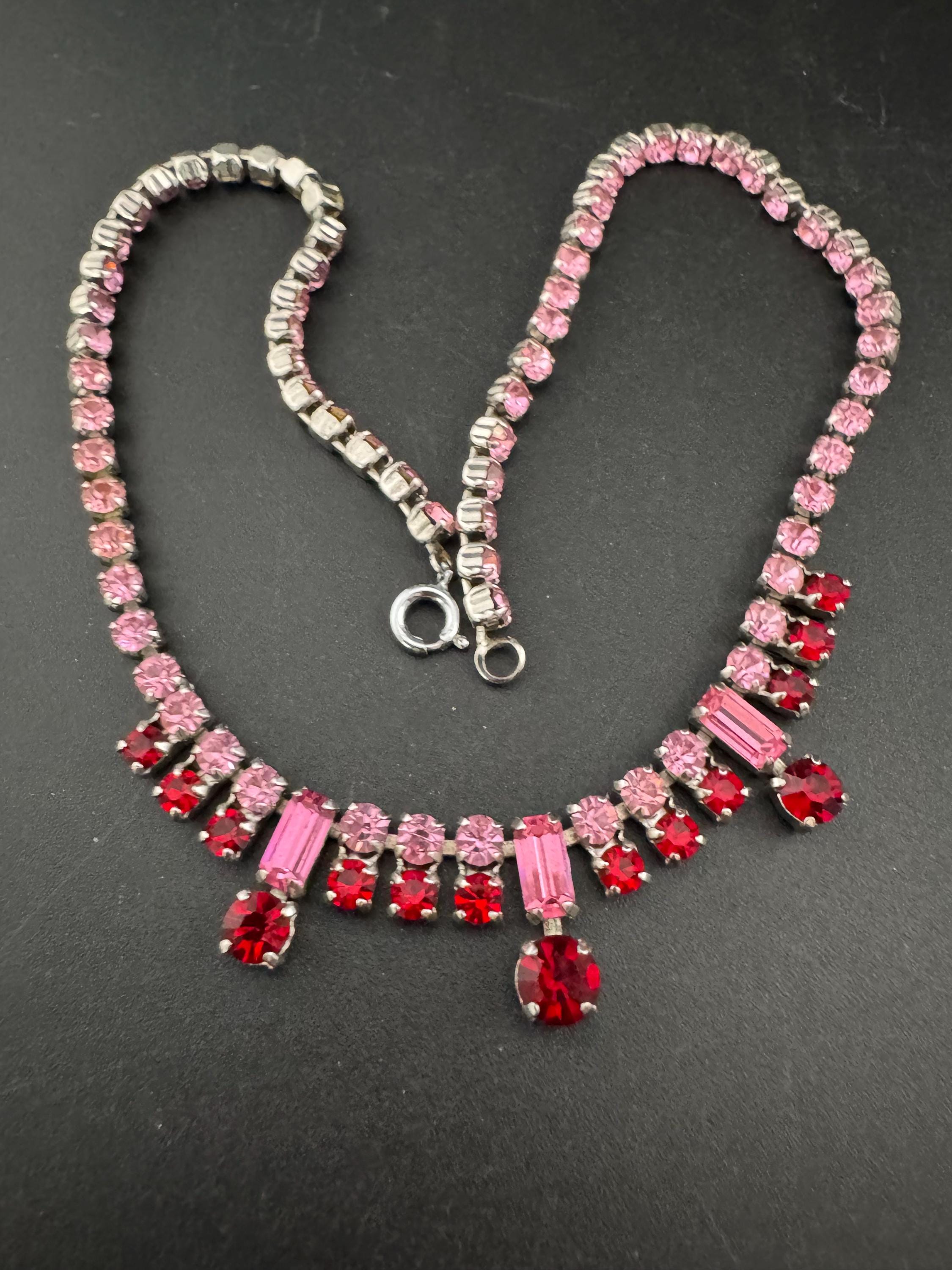 petite fit pink and red diamanté crystal drop necklace, baguette glass rhinestones, vintage