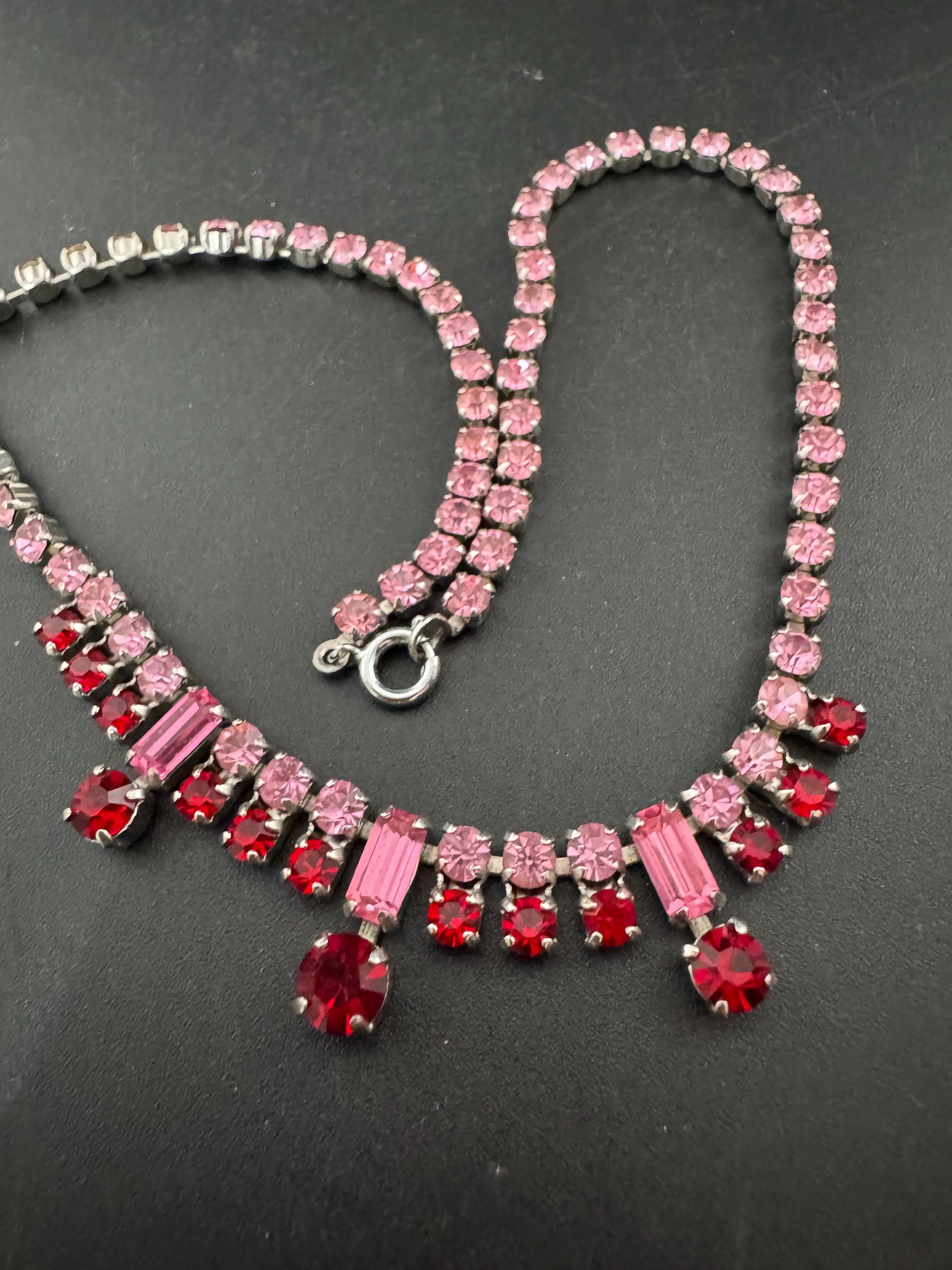 petite fit pink and red diamanté crystal drop necklace, baguette glass rhinestones, vintage