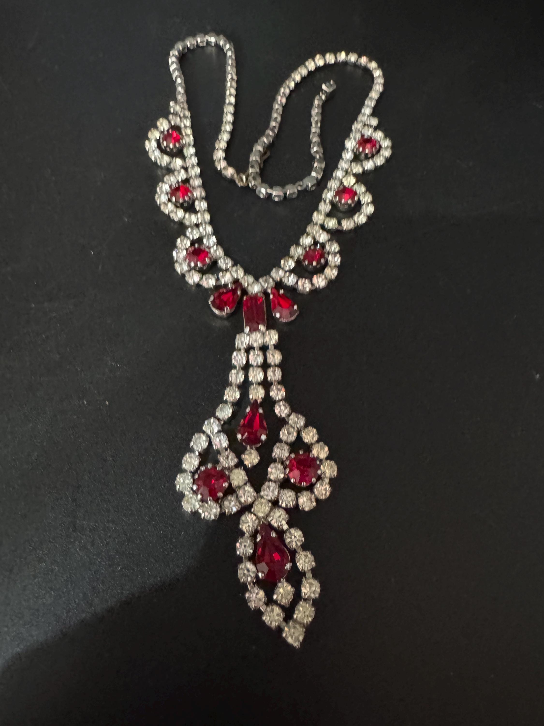Ruby red and clear diamanté crystal long drop necklace, glass rhinestones, vintage