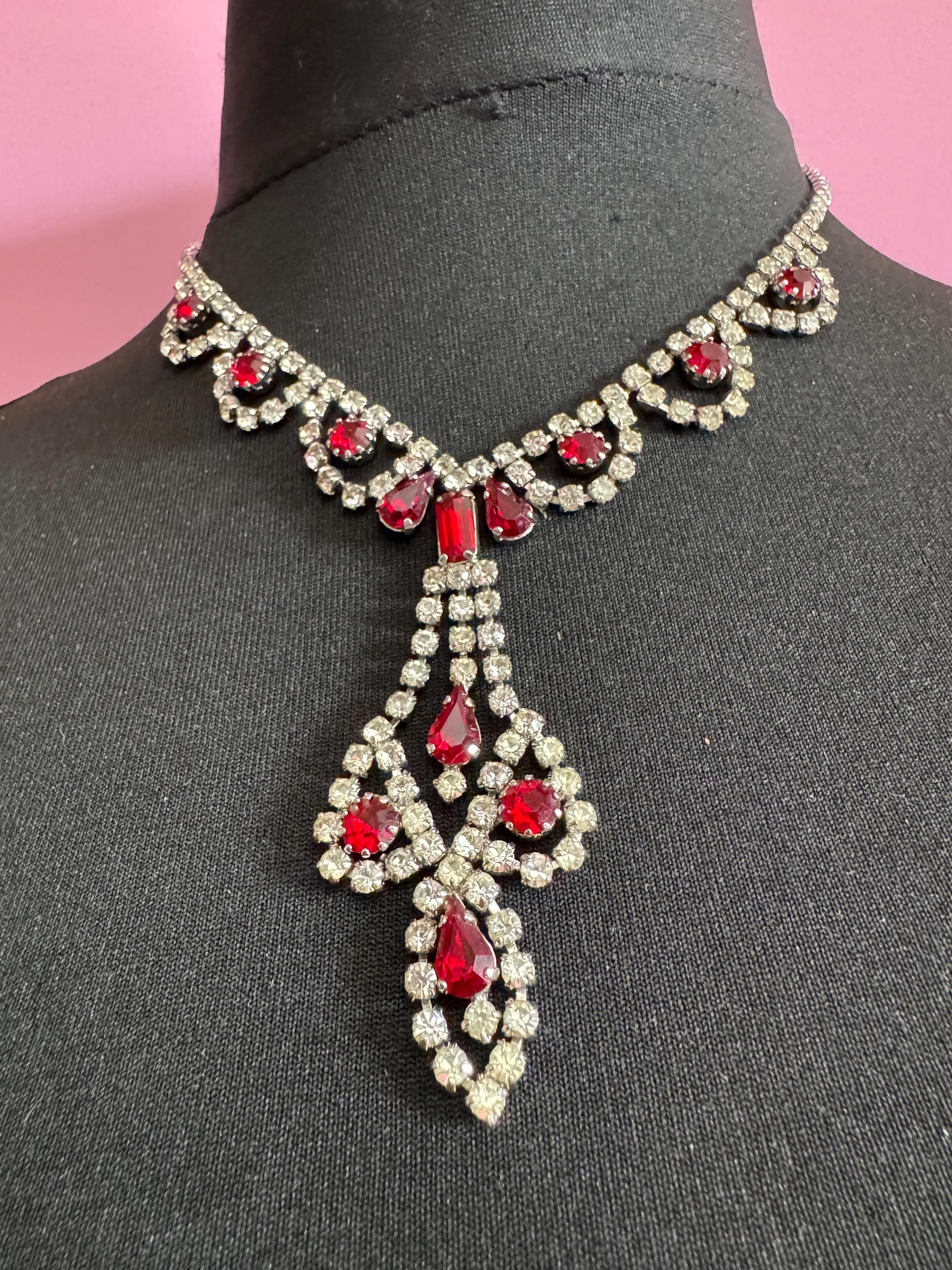 Ruby red and clear diamanté crystal long drop necklace, glass rhinestones, vintage