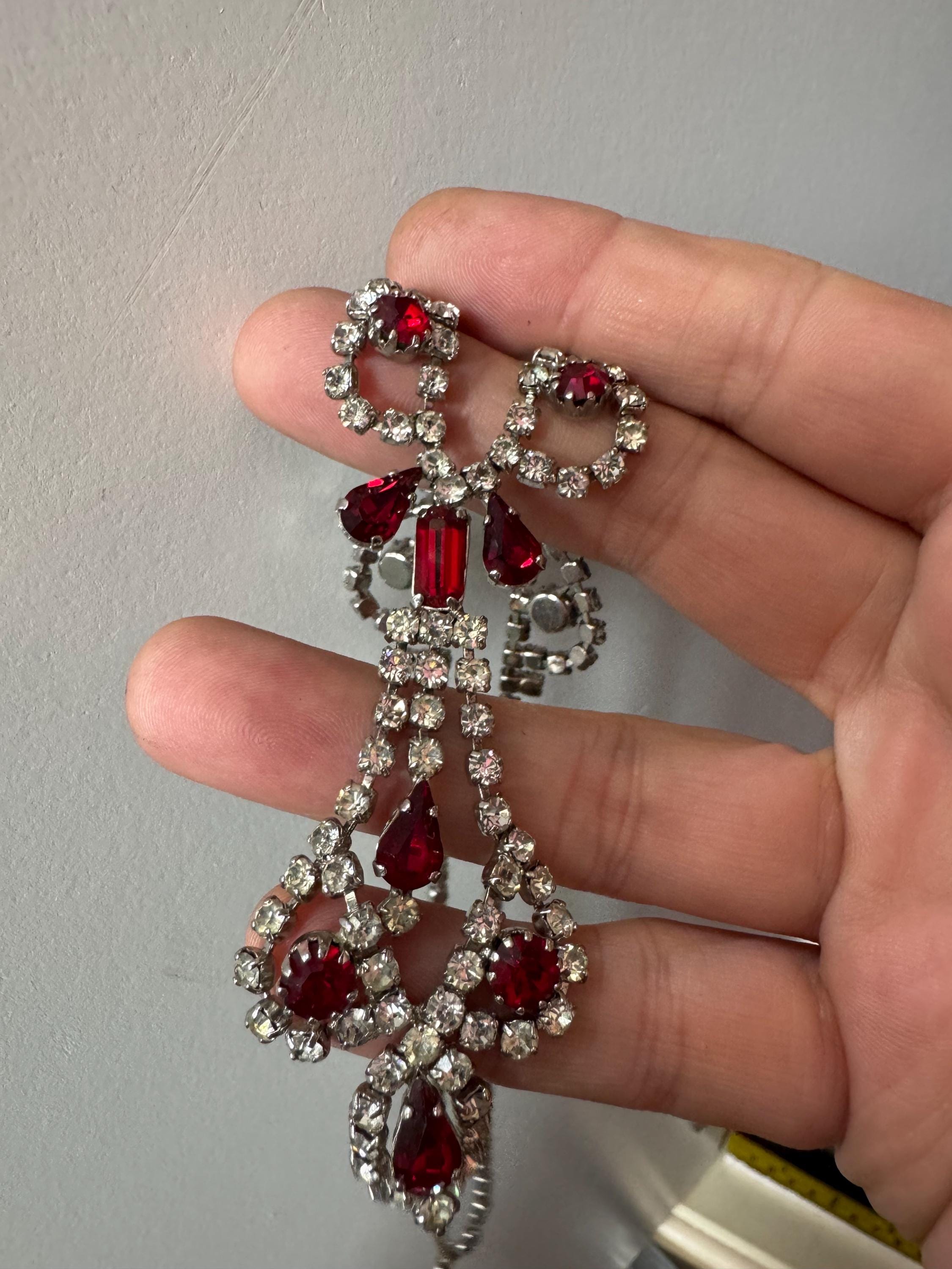 Ruby red and clear diamanté crystal long drop necklace, glass rhinestones, vintage