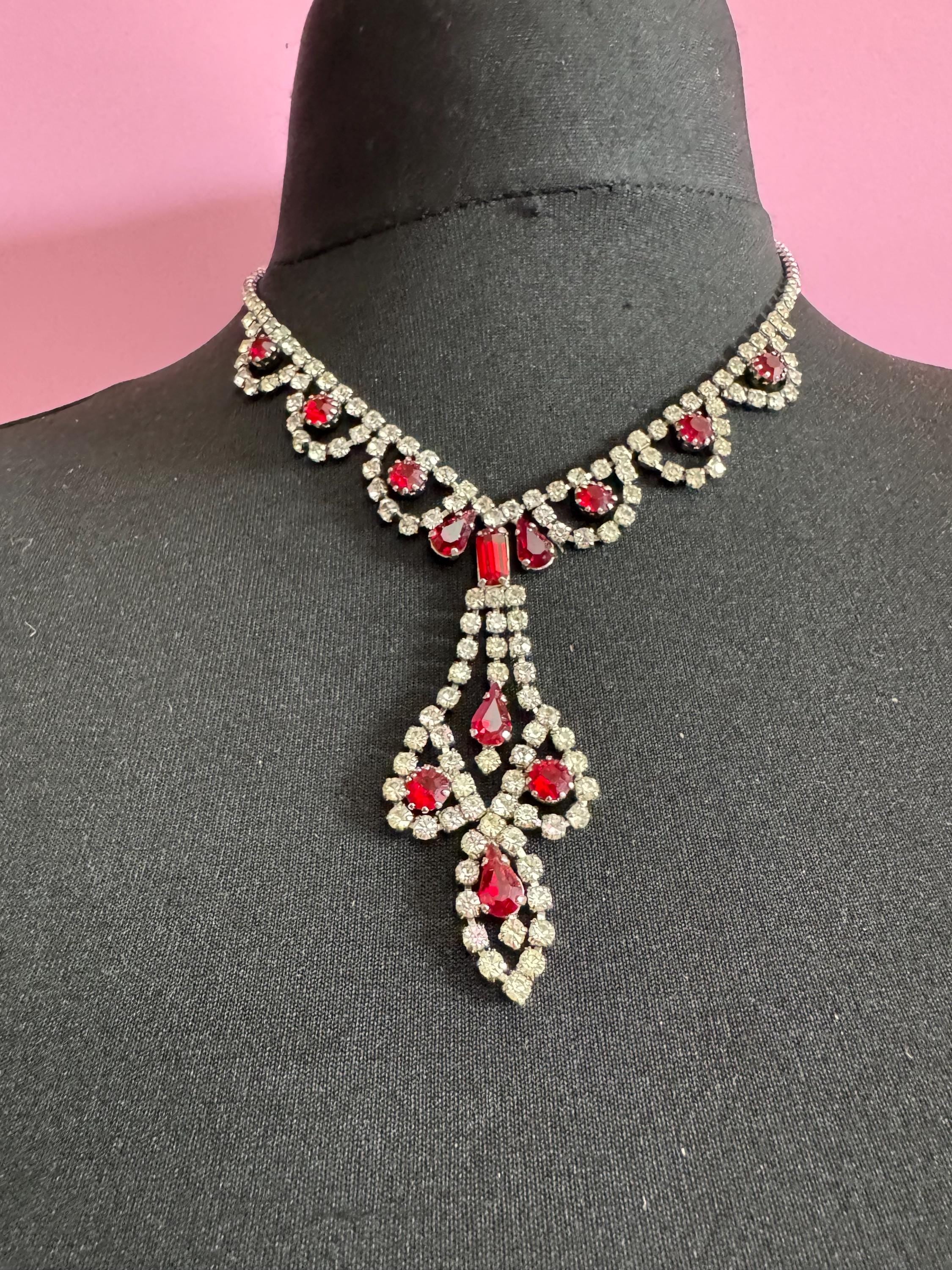 Ruby red and clear diamanté crystal long drop necklace, glass rhinestones, vintage