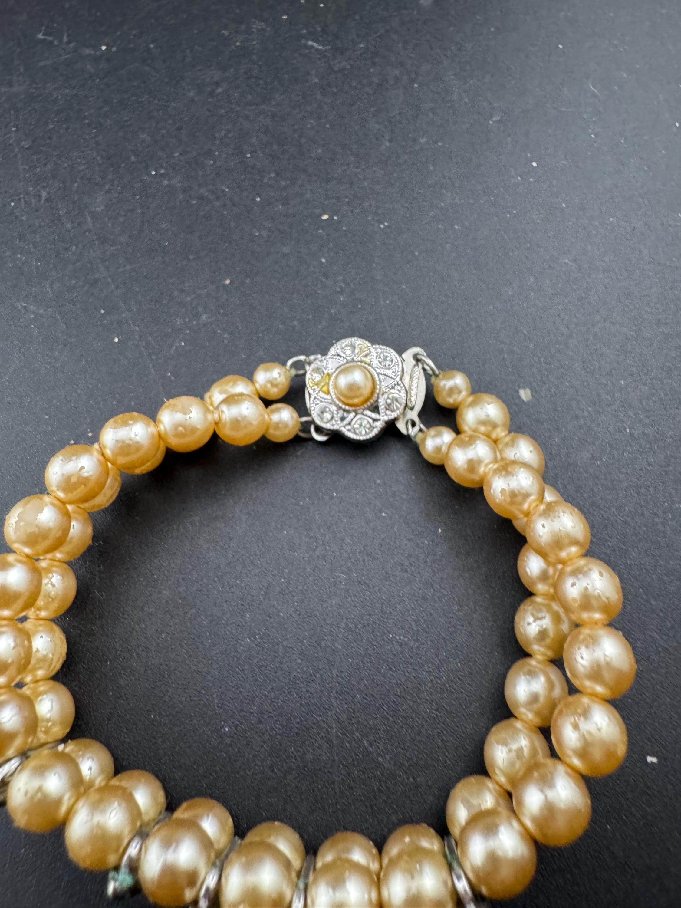 Vintage Faux glass Pearl double Strand beaded bracelet clear rhinestones and flower clasp