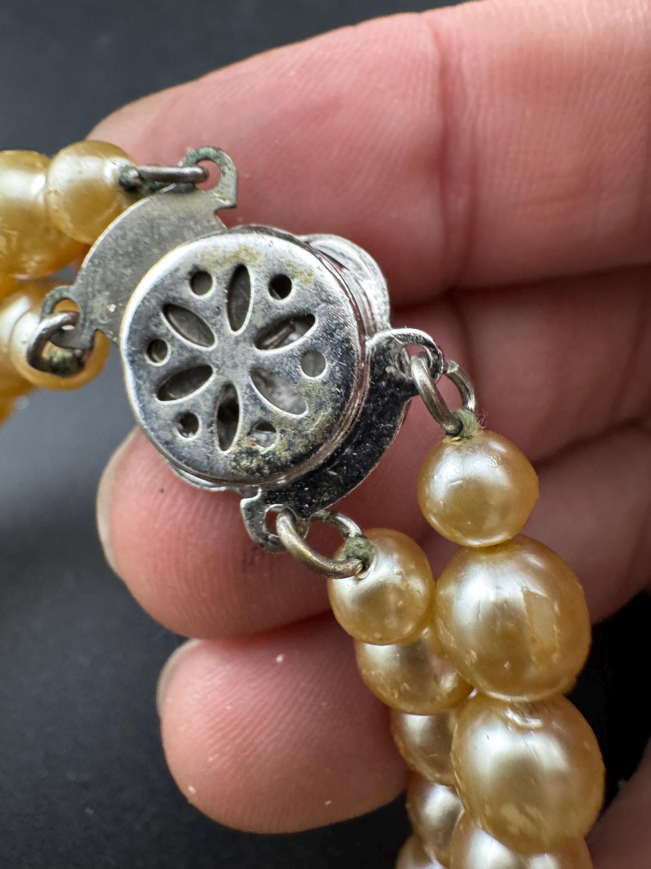 Vintage Faux glass Pearl double Strand beaded bracelet clear rhinestones and flower clasp