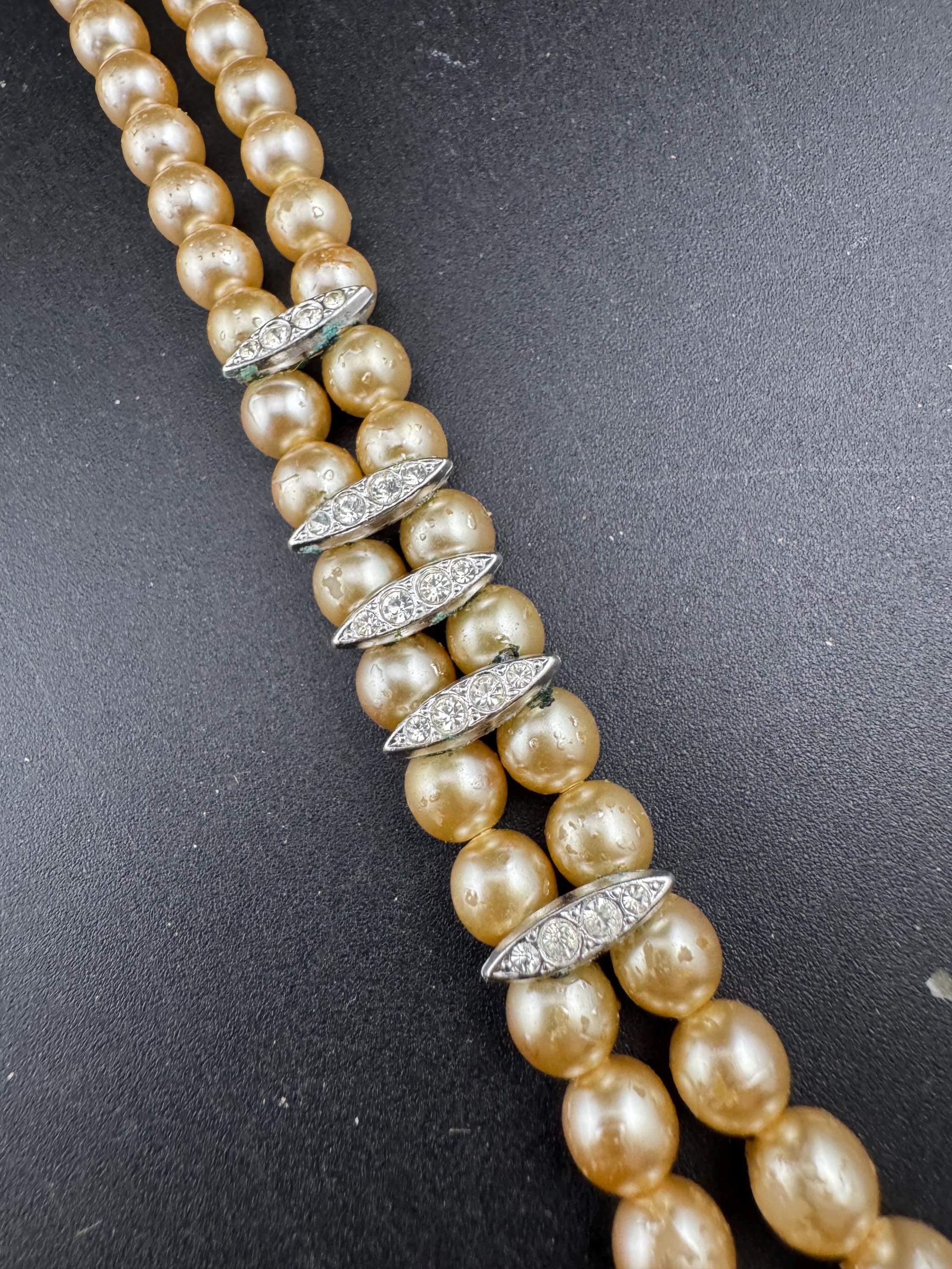 Vintage Faux glass Pearl double Strand beaded bracelet clear rhinestones and flower clasp