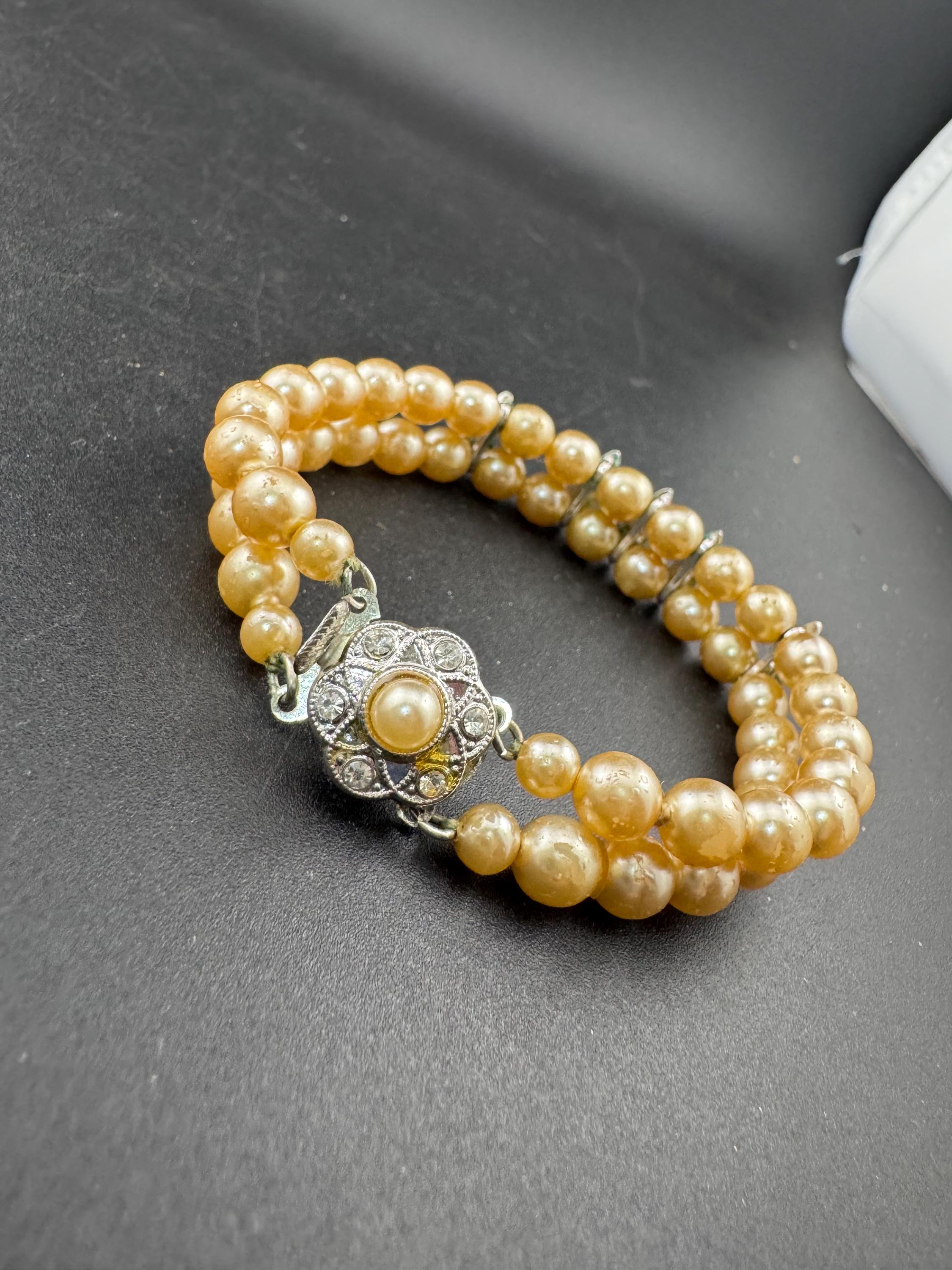 Vintage Faux glass Pearl double Strand beaded bracelet clear rhinestones and flower clasp