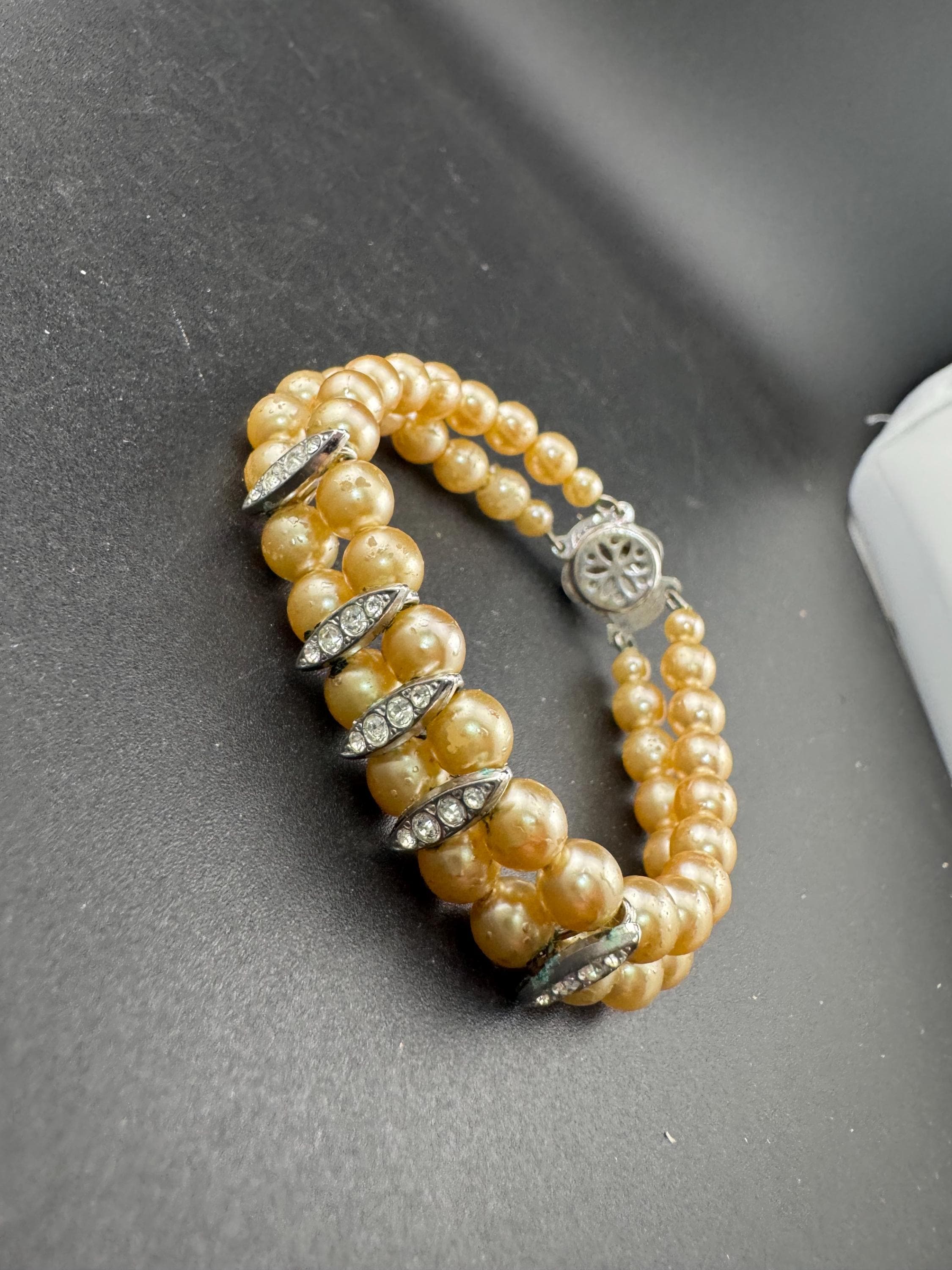 Vintage Faux glass Pearl double Strand beaded bracelet clear rhinestones and flower clasp