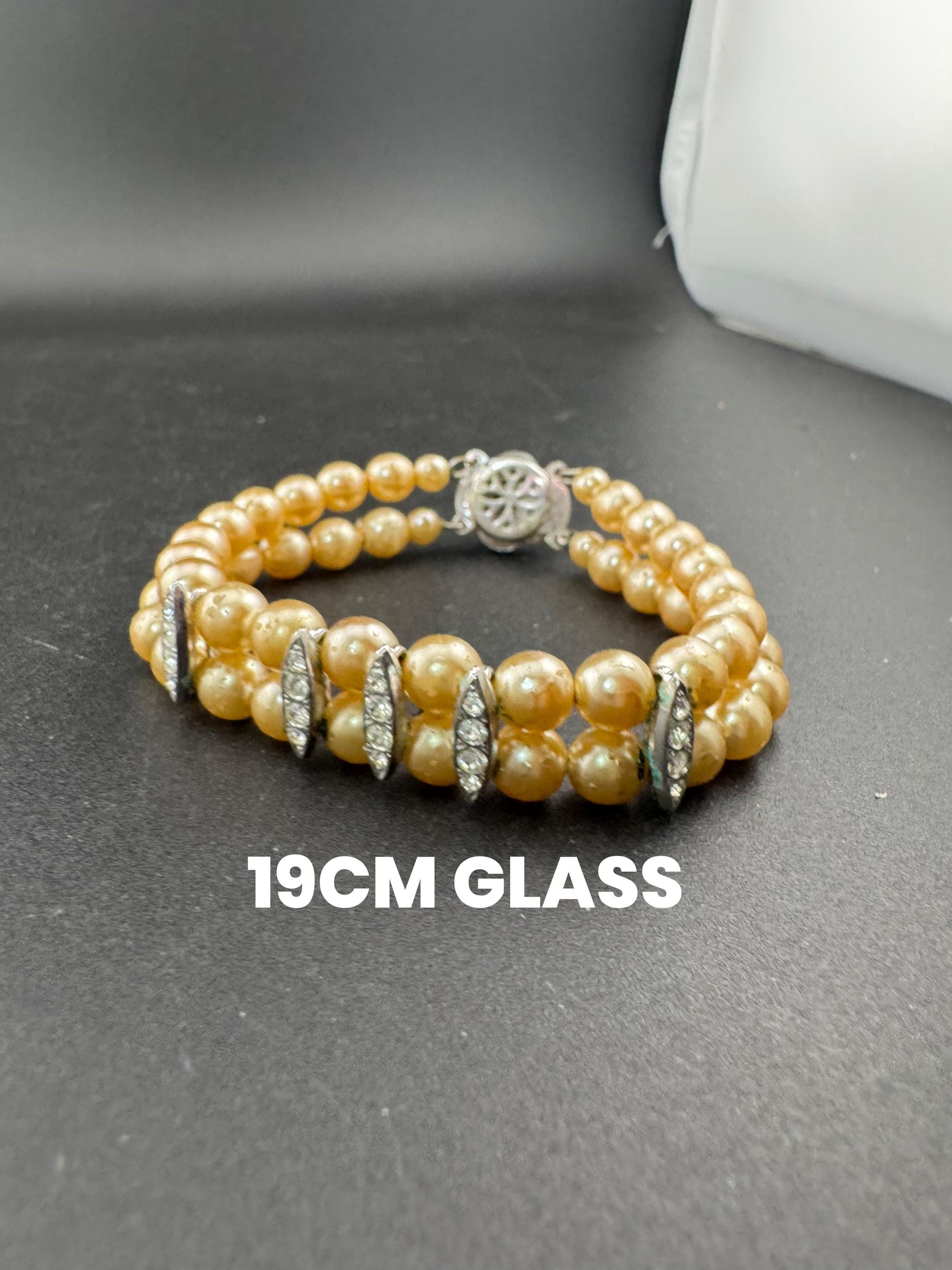 Vintage Faux glass Pearl double Strand beaded bracelet clear rhinestones and flower clasp