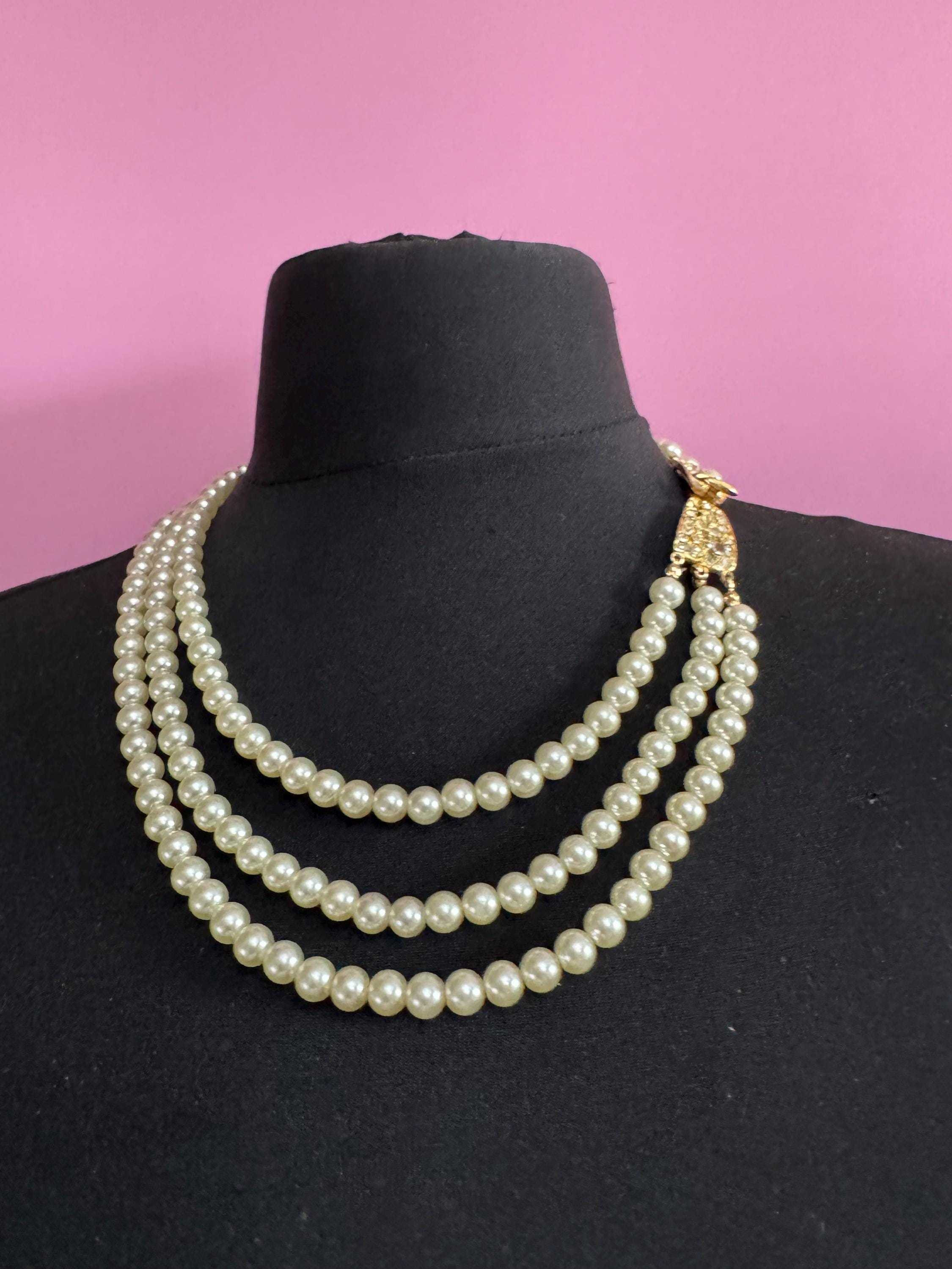 vintage pearl necklace choker triple 3 strand diamante bow clasp clear paste bling party evening wear