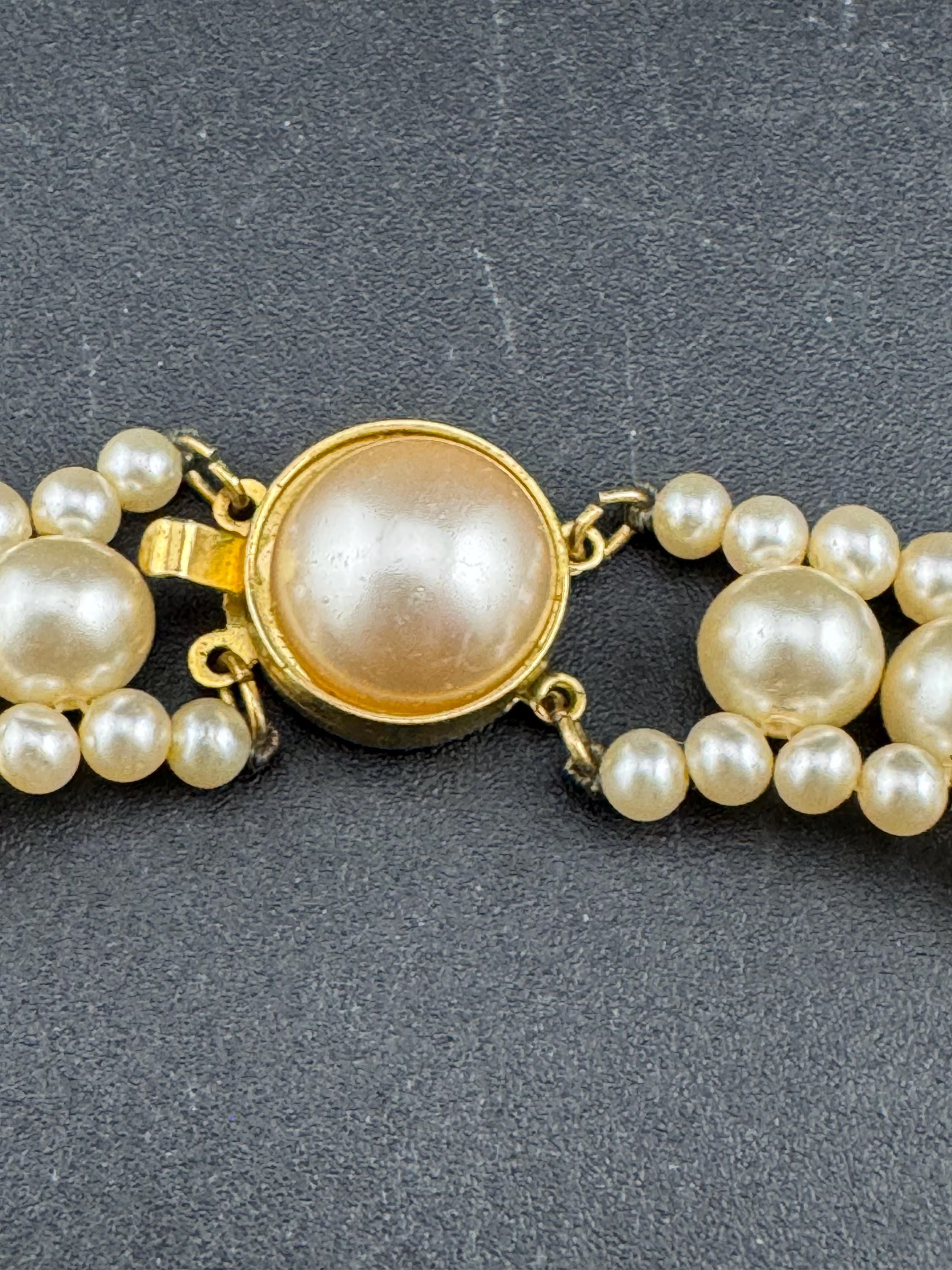 Vintage woven cream glass faux pearl wide choker necklace cabochon clasp 47cm plus stretch