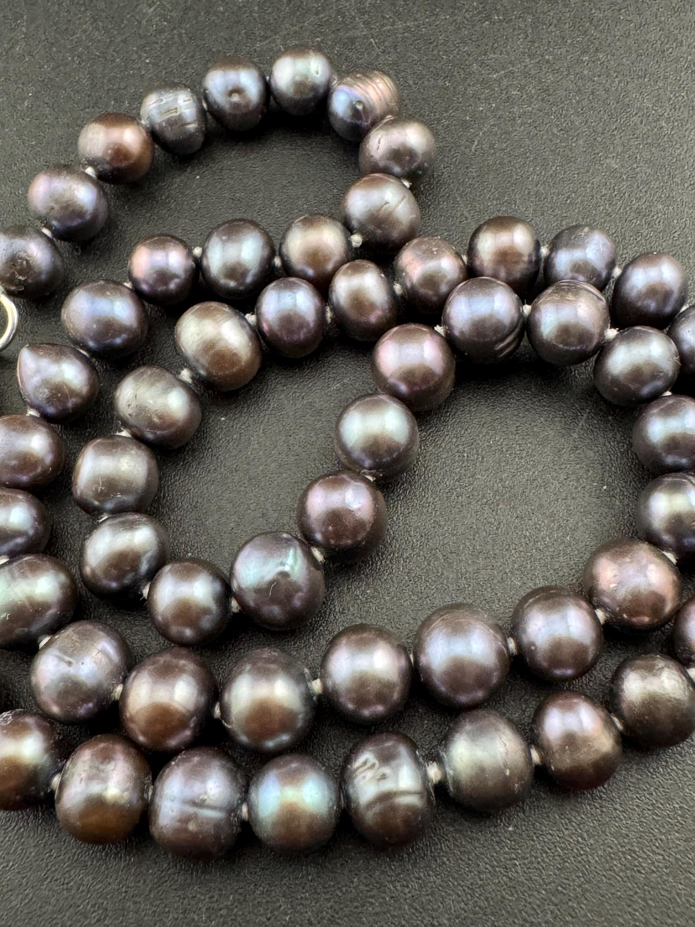 Vintage 925 silver clasp,  dyed freshwater pearl Petrol blue to grey glass knotted pearl necklace 46cm
