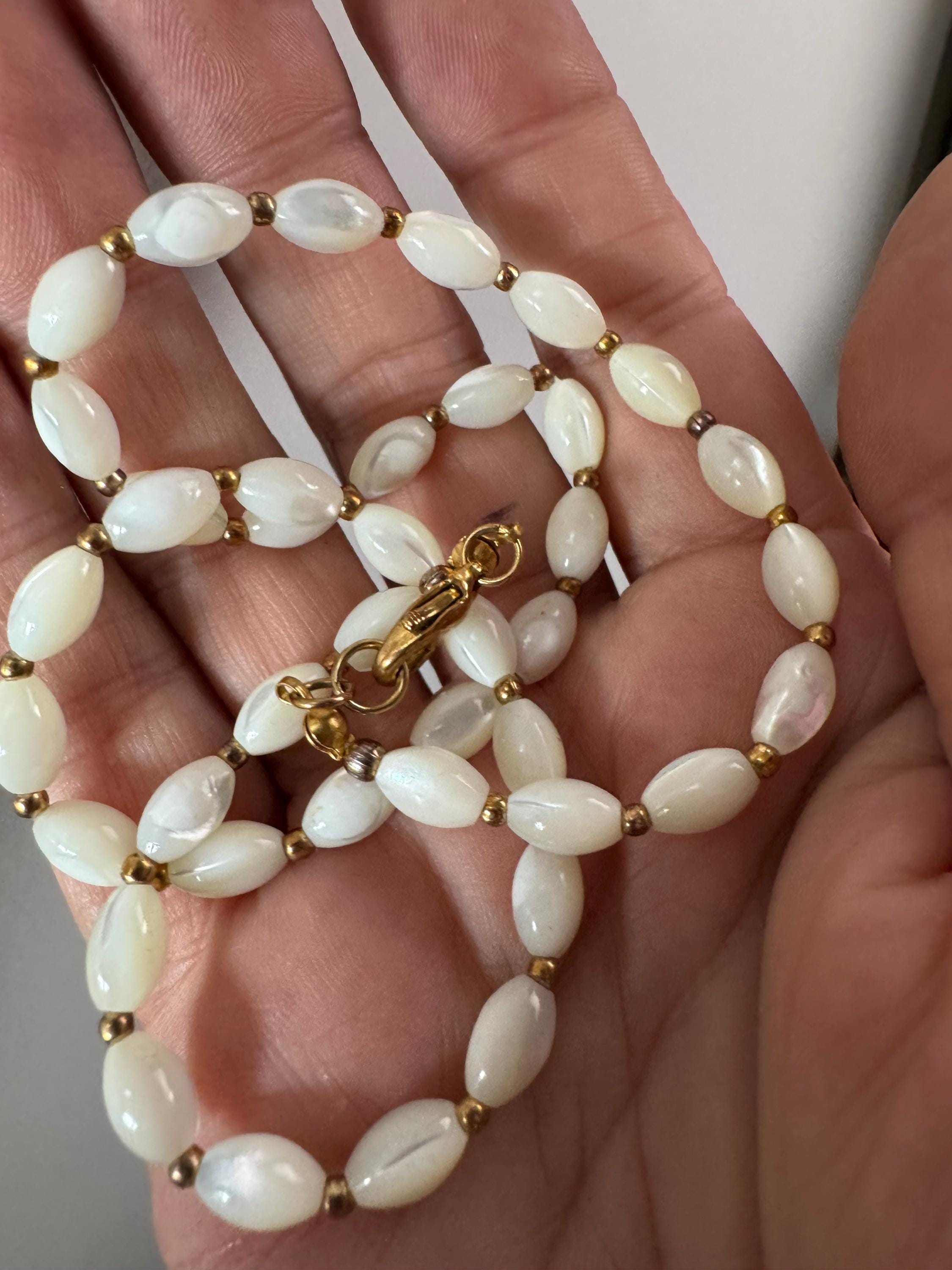 Vintage mother of pearl MOP Natural shell small beaded necklace with gold metal spacer beads