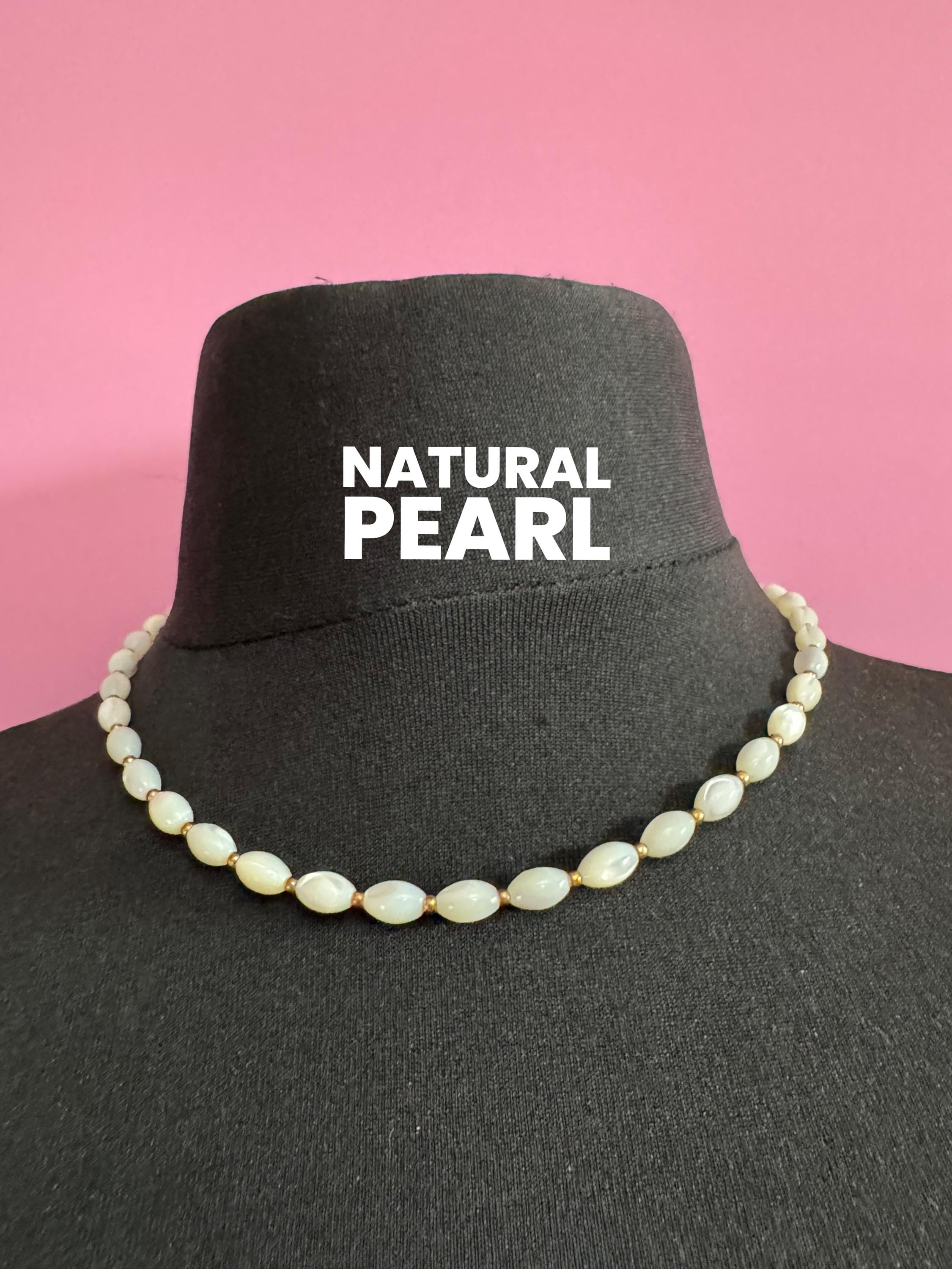Vintage mother of pearl MOP Natural shell small beaded necklace with gold metal spacer beads