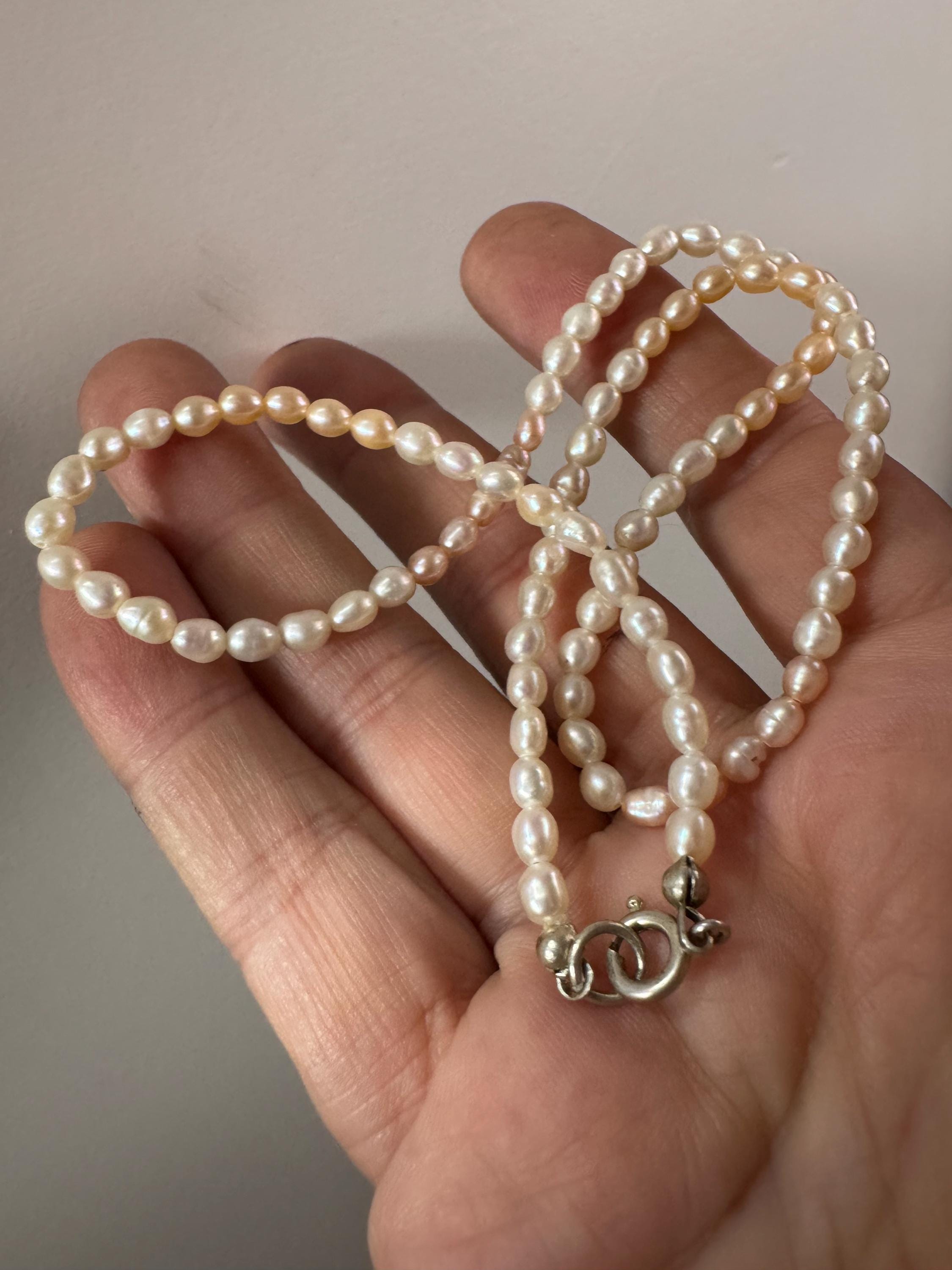 Vintage natural real seed Pearl two tone pink cream beaded necklace with spring ring clasp 43cm