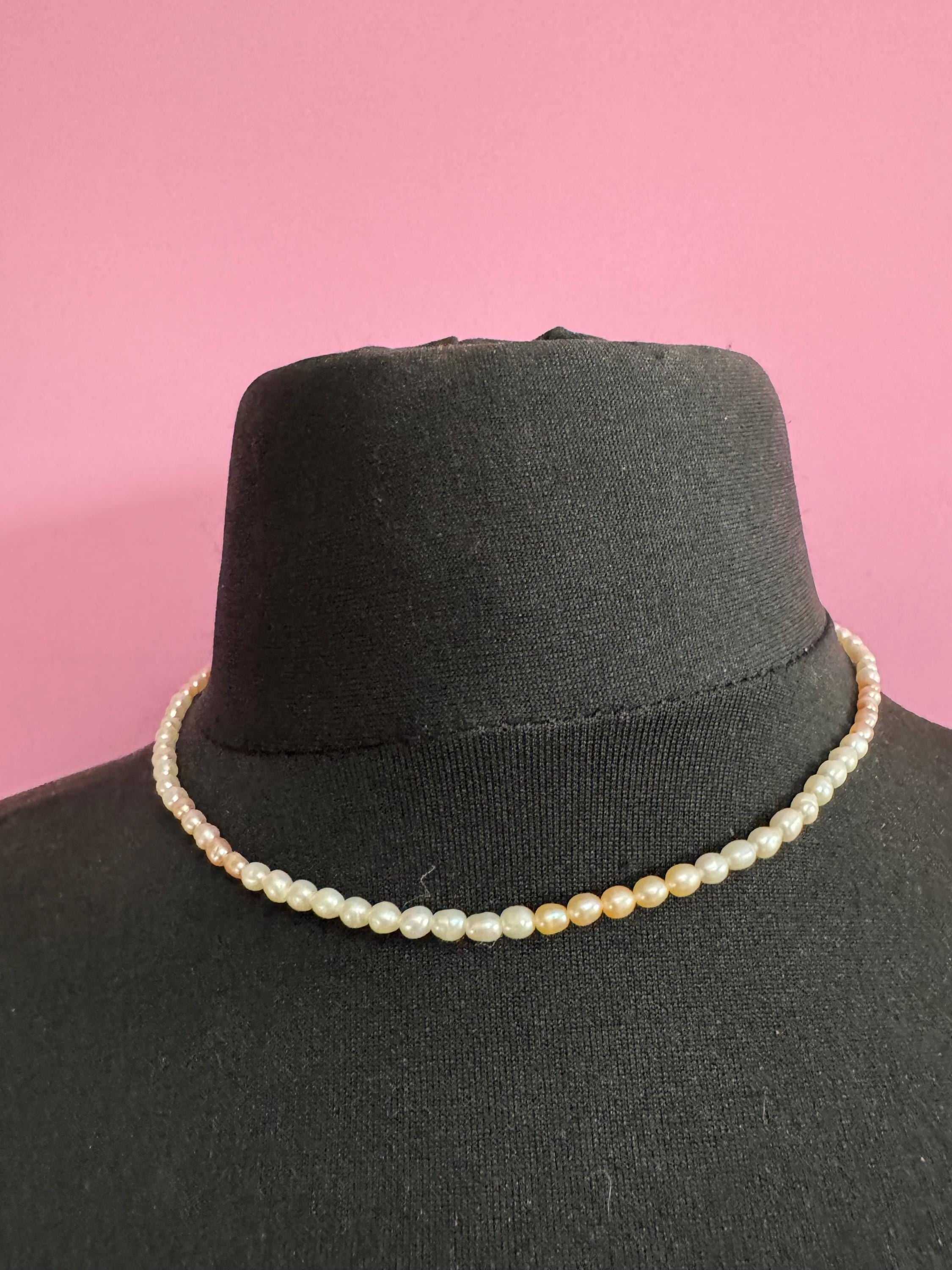 Vintage natural real seed Pearl two tone pink cream beaded necklace with spring ring clasp 43cm
