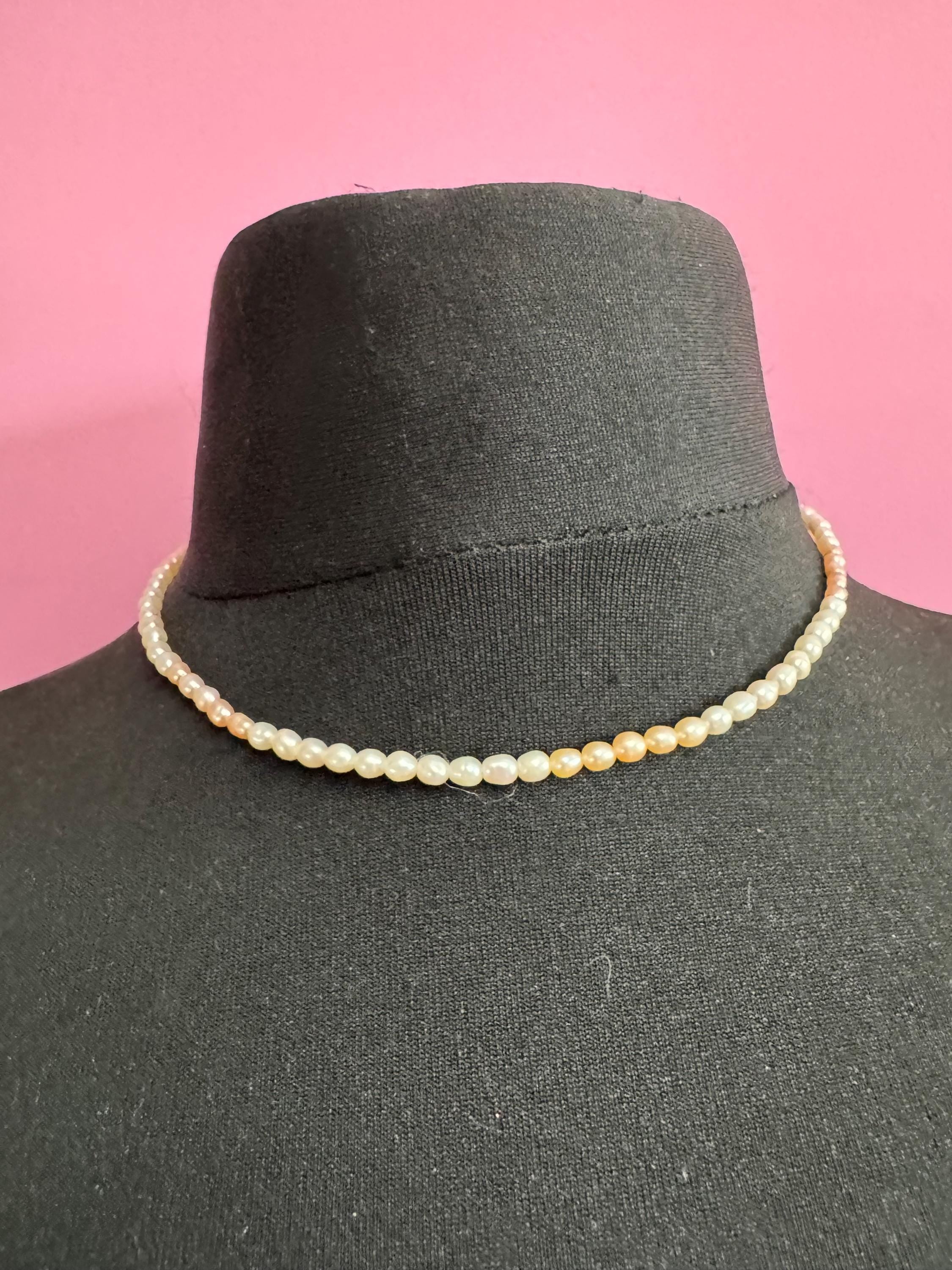 Vintage natural real seed Pearl two tone pink cream beaded necklace with spring ring clasp 43cm